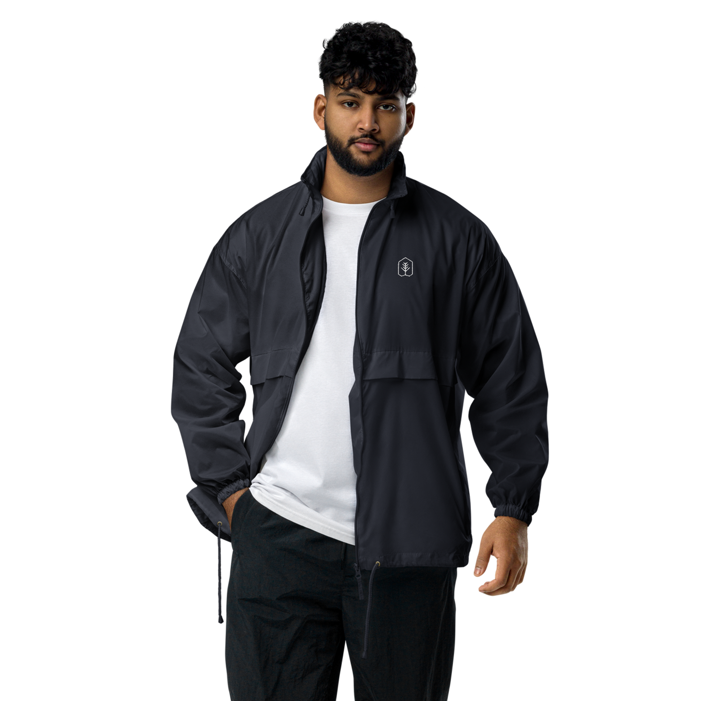 True Nature Windbreaker: Close-up of man wearing a black jacket.