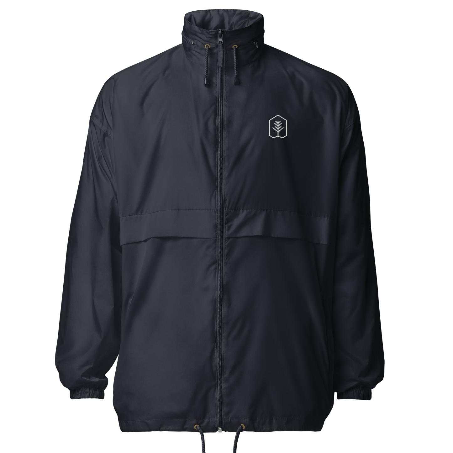 True Nature Windbreaker: lightweight black jacket with white logo, drawstring hood.