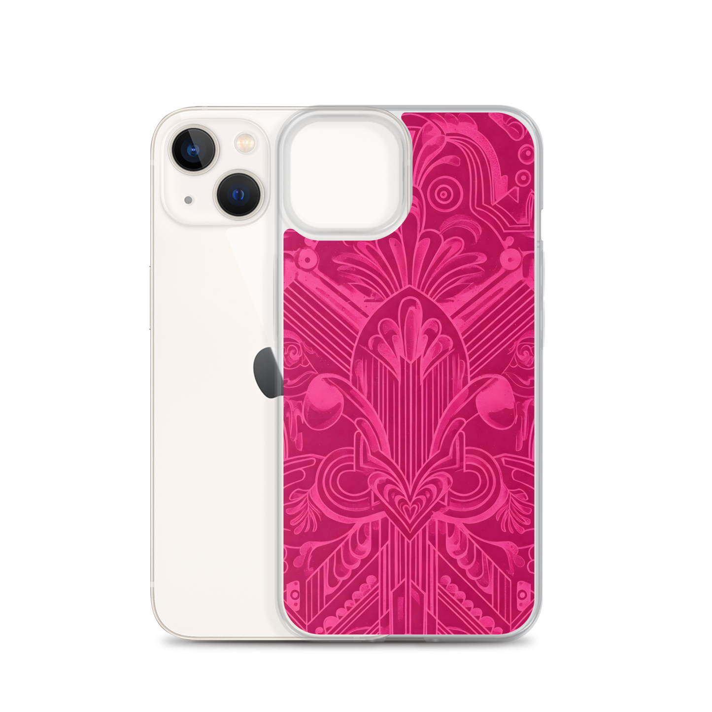 Pink Art Deco Case for iPhone®, close-up showcasing sleek design and precise port openings.