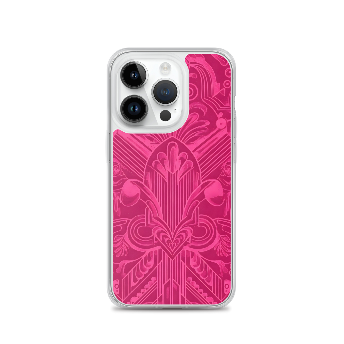 Pink Art Deco Case for iPhone® showing flexible sides and precise cutouts.
