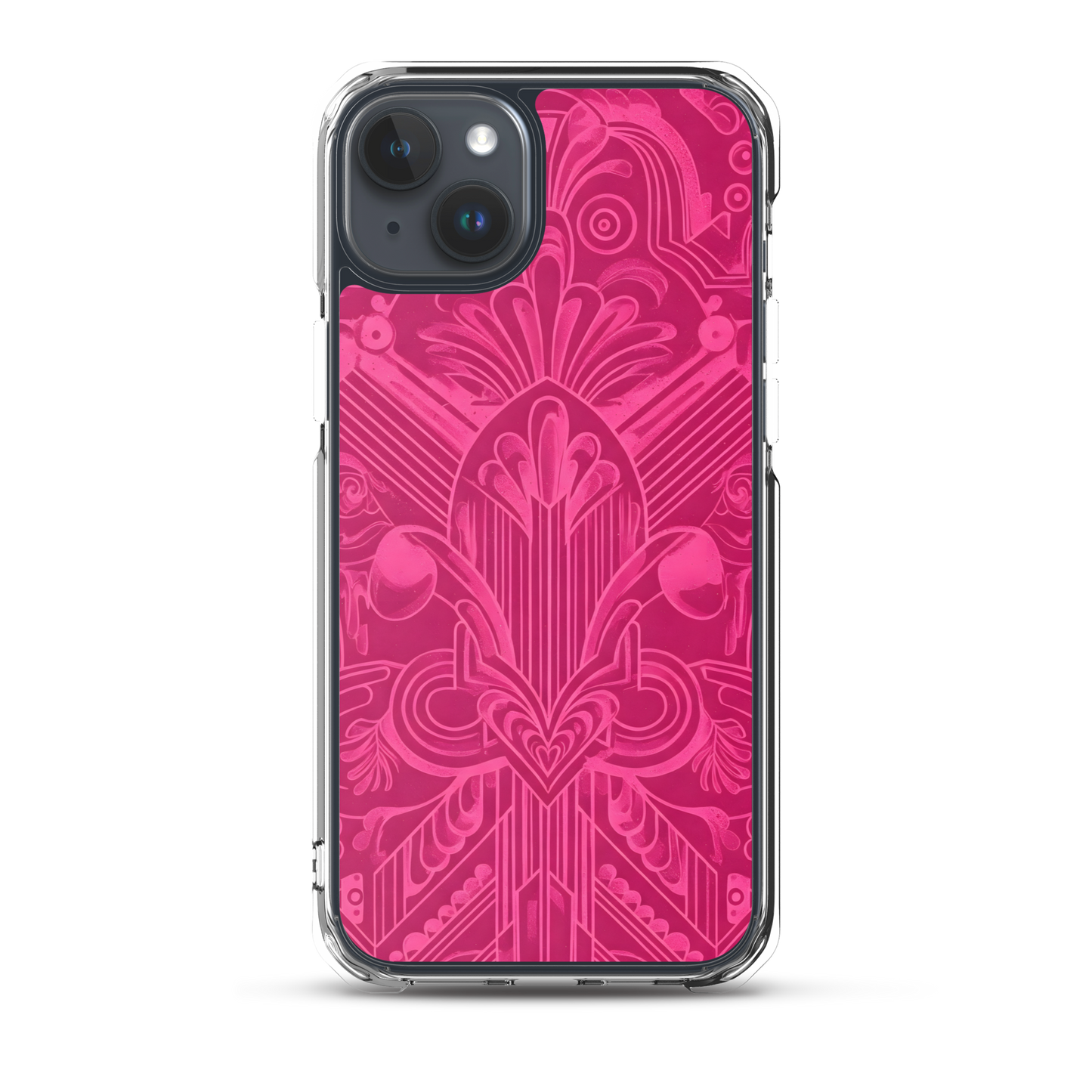 Pink Art Deco Case for iPhone® with transparent sides and precise port openings.