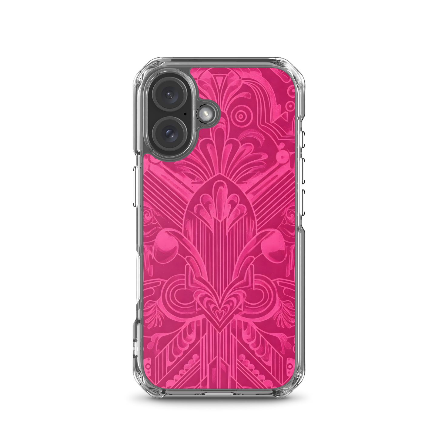 Pink Art Deco Case for iPhone® on close-up of a camera lens.