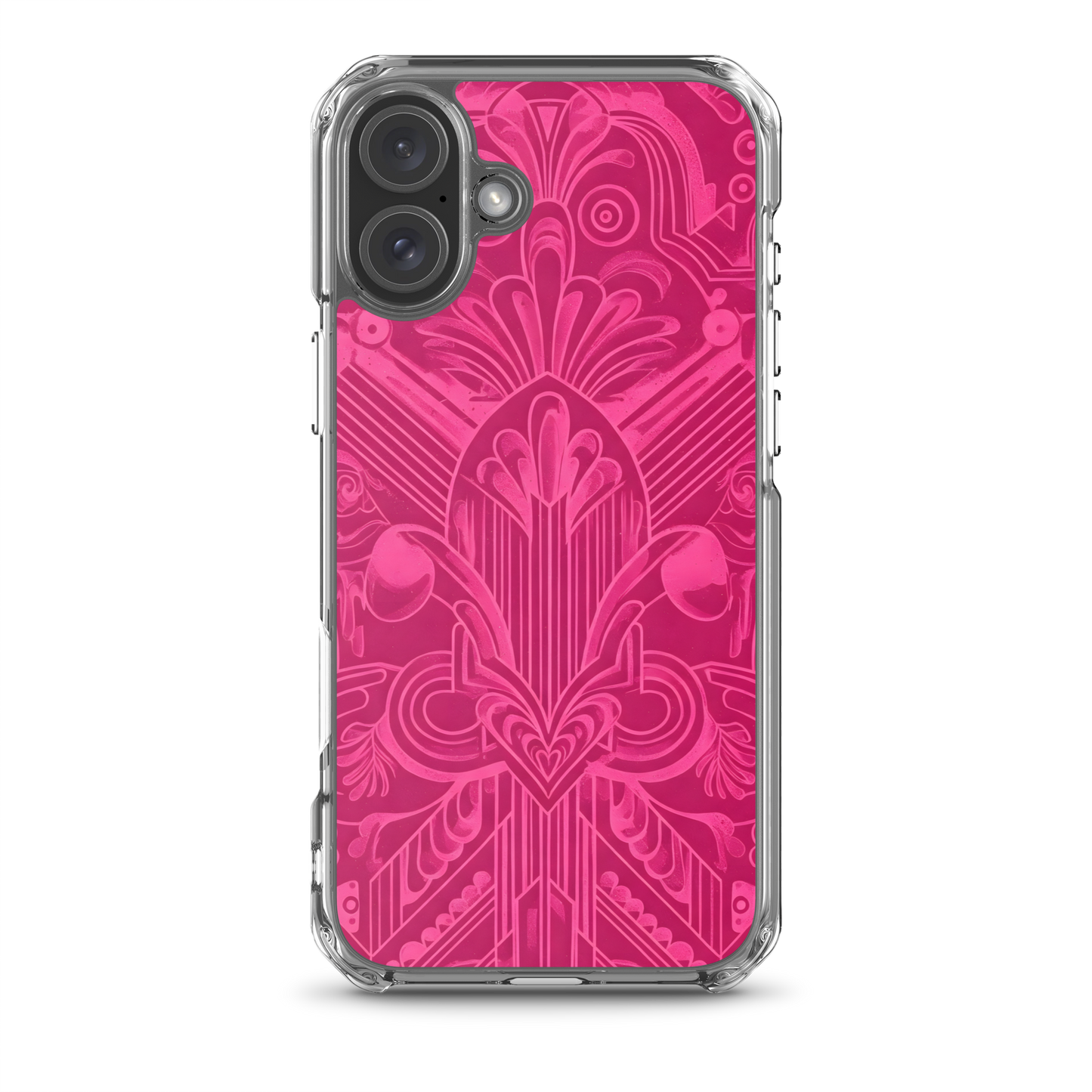 Pink Art Deco Case for iPhone®, close-up showing port openings and raised bezel.