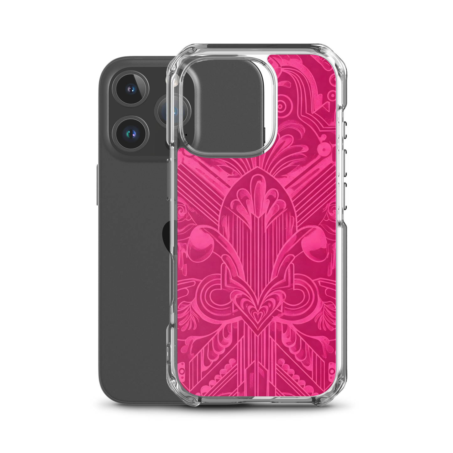Pink Art Deco Case for iPhone® featuring a flexible, transparent design.