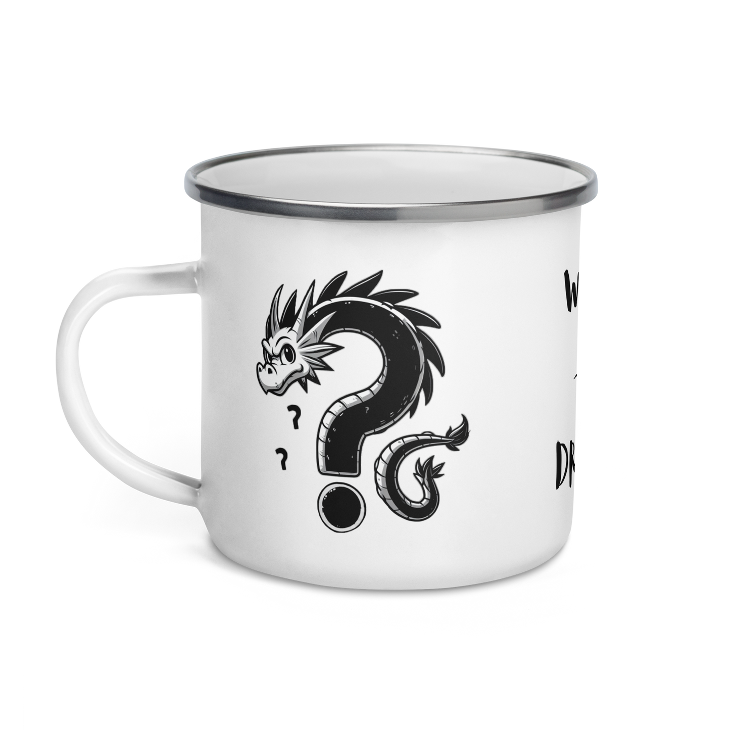 DragonMug - White ceramic cup with a dragon motif, perfect for outdoor use.