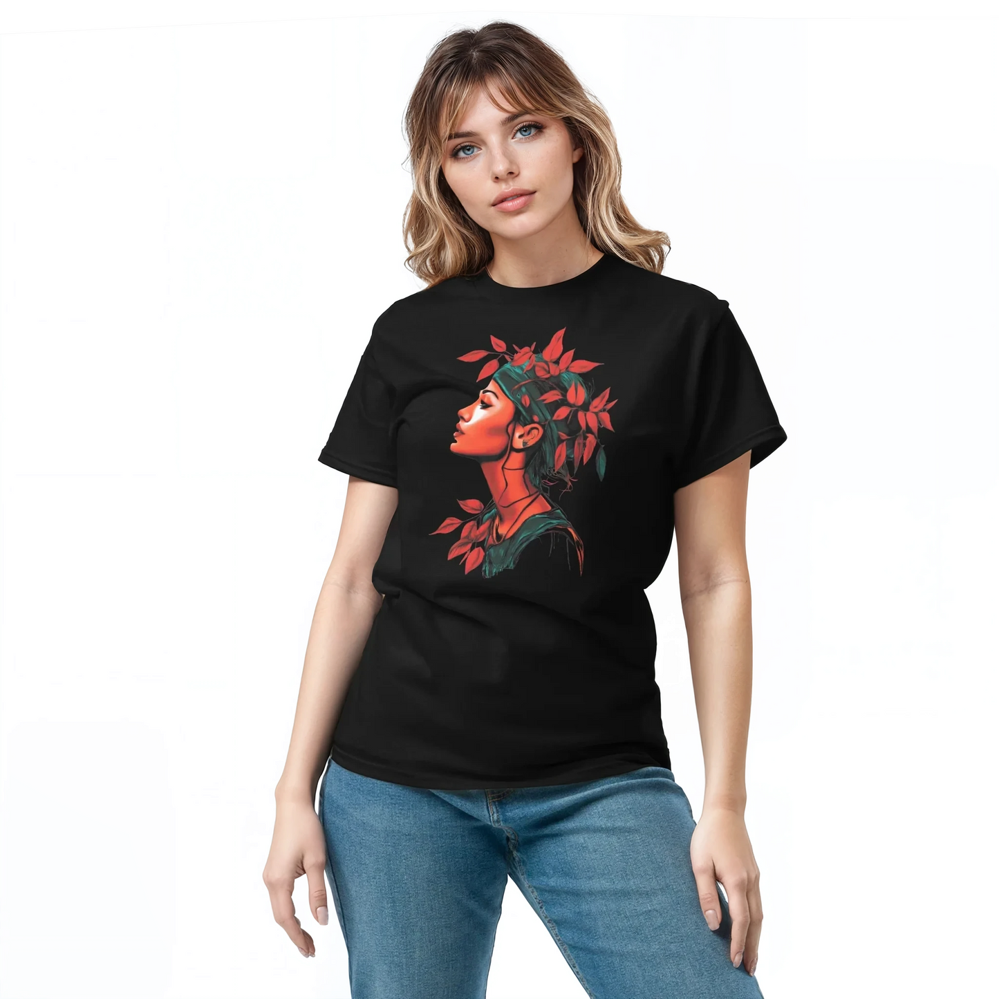 Floria black graphic tee on woman, structured fit, casual style.