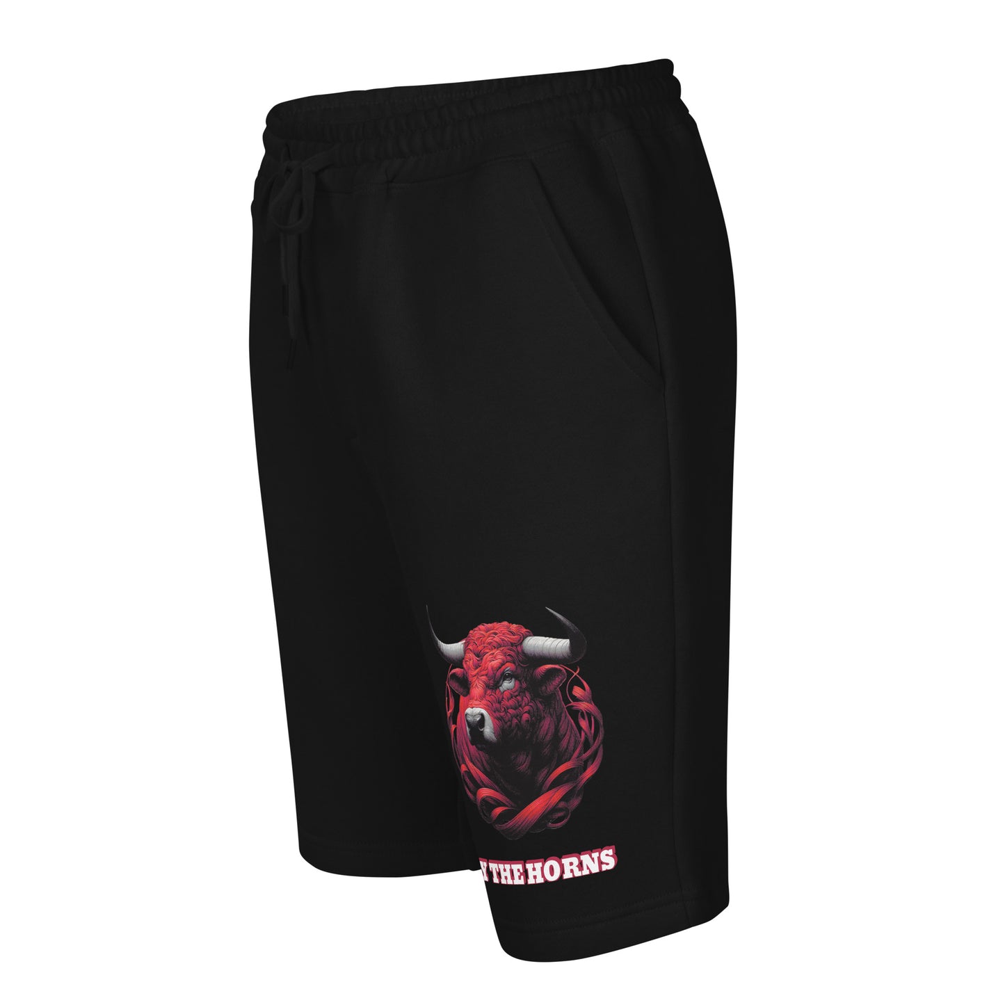 Men's Fleece Shorts with red bull head design, adjustable waistband.
