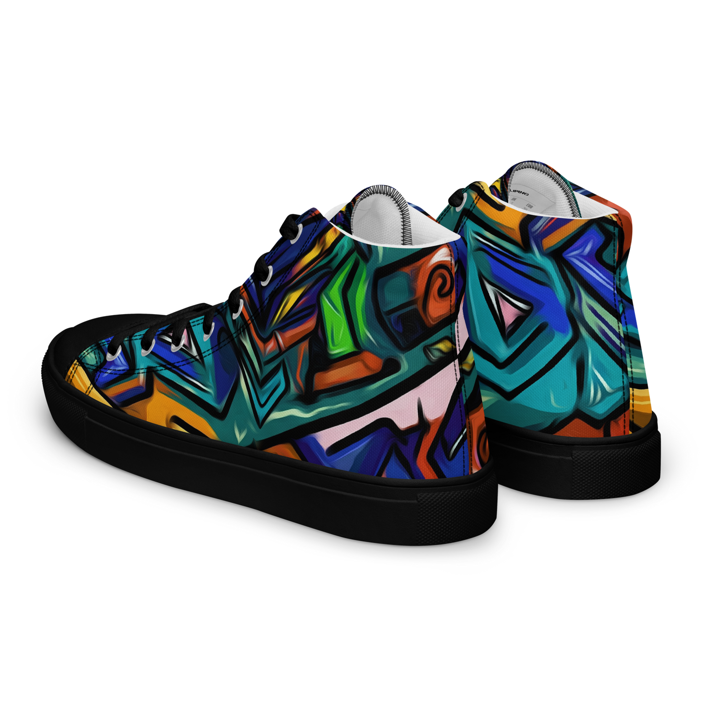 Grafiti High-Tops: Close-up of canvas sneakers highlighting padded collar and lace-up design.