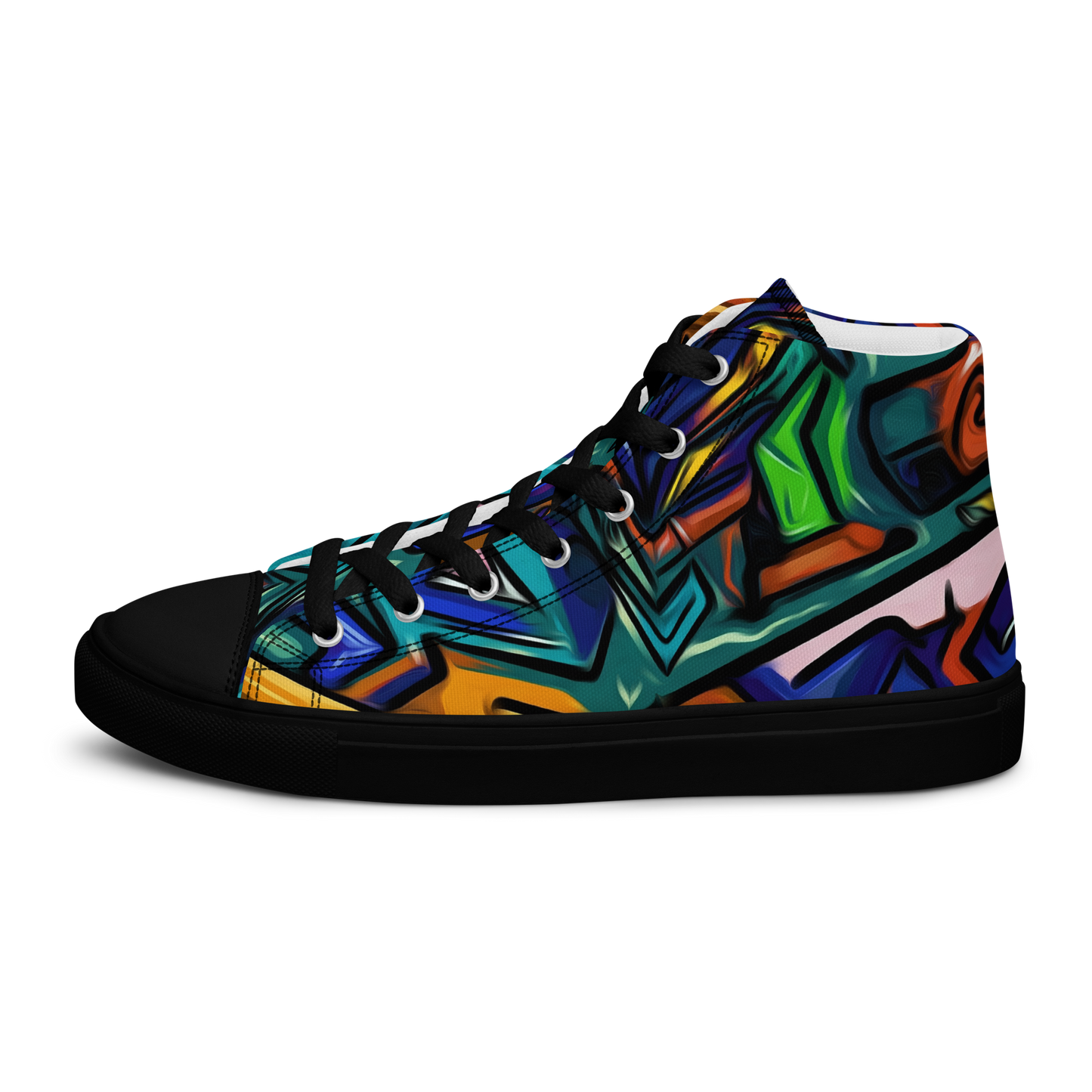 Grafiti High-Tops: Colorful high-top sneakers with black laces and sole.