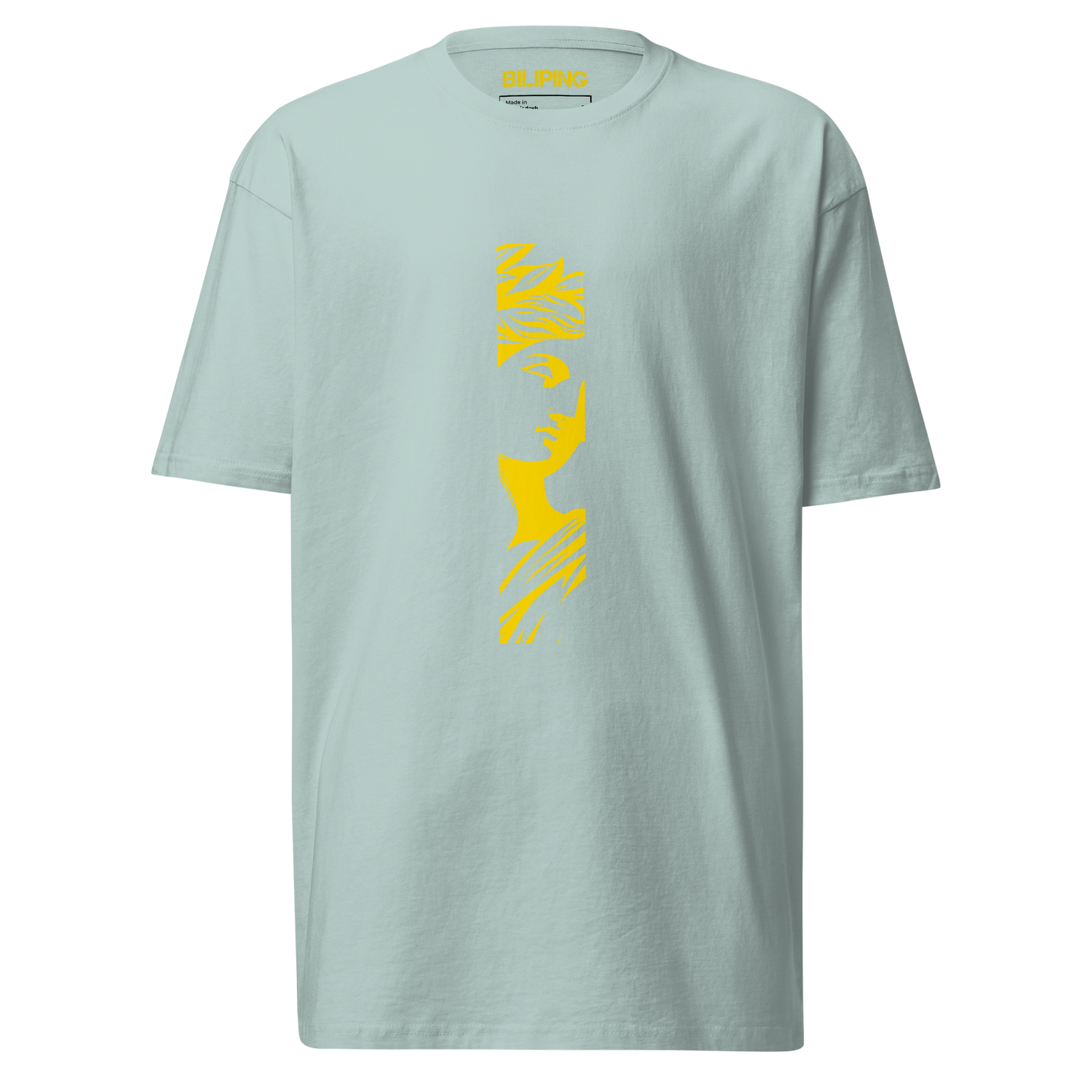 IsonFlextee: Agave t-shirt with yellow face design, close-up texture.