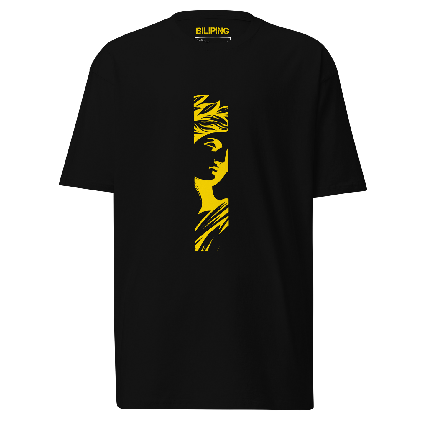 IsonFlextee black shirt with yellow man silhouette logo.