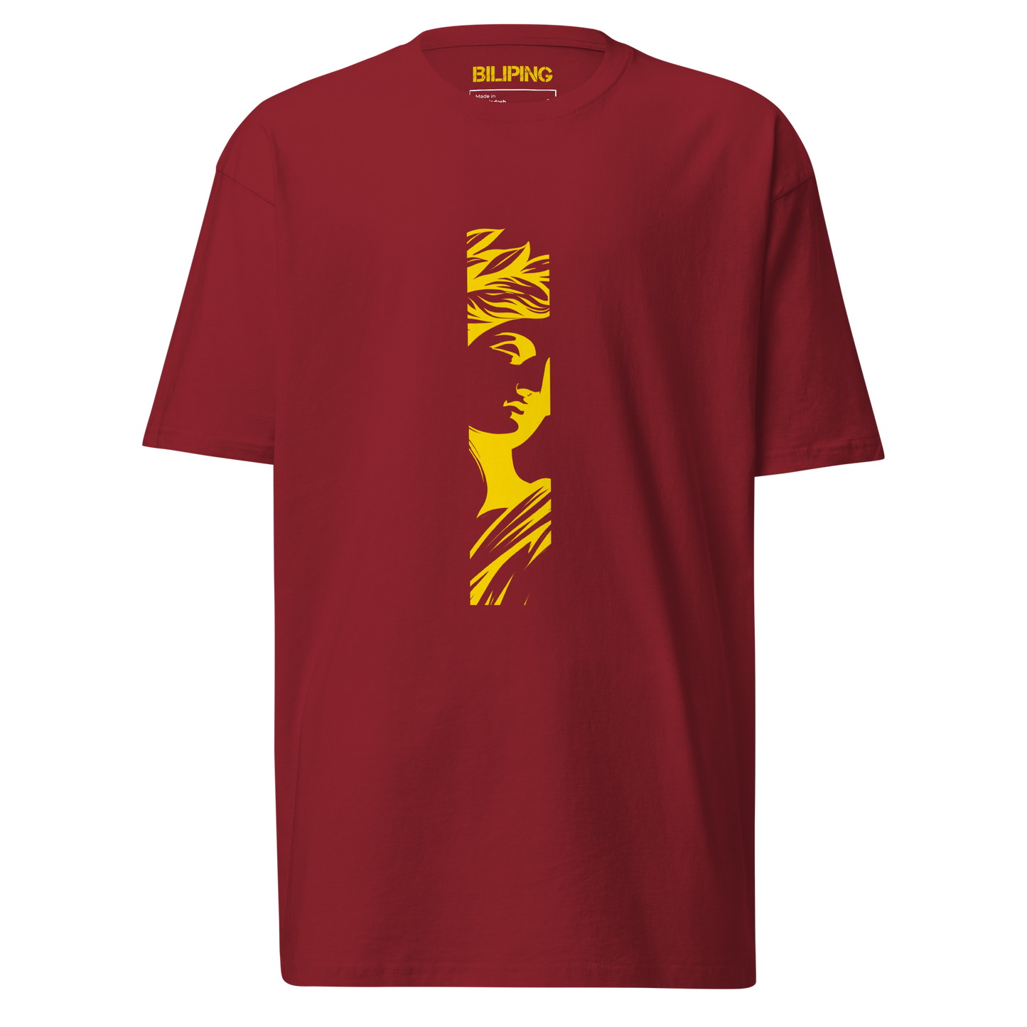 IsonFlextee red shirt with yellow face design.