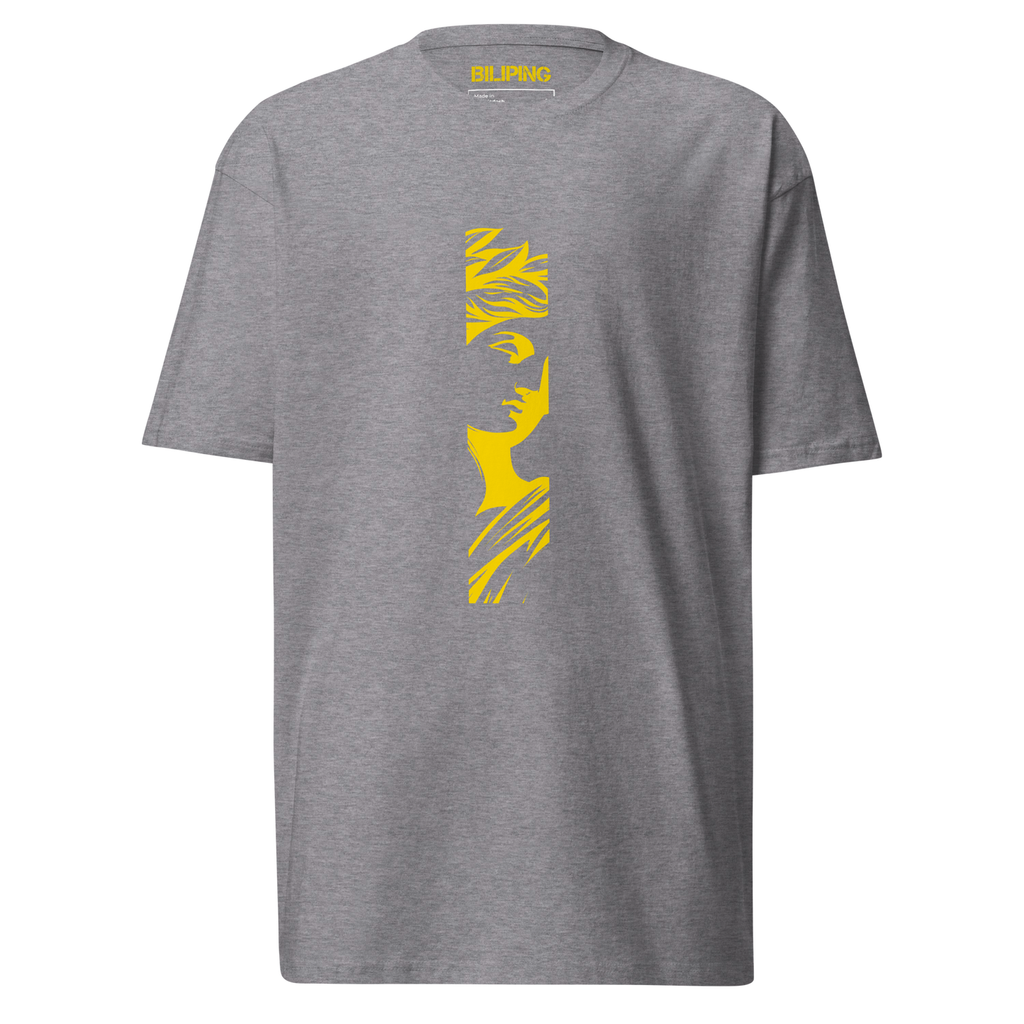 IsonFlextee grey t-shirt featuring a yellow face design.