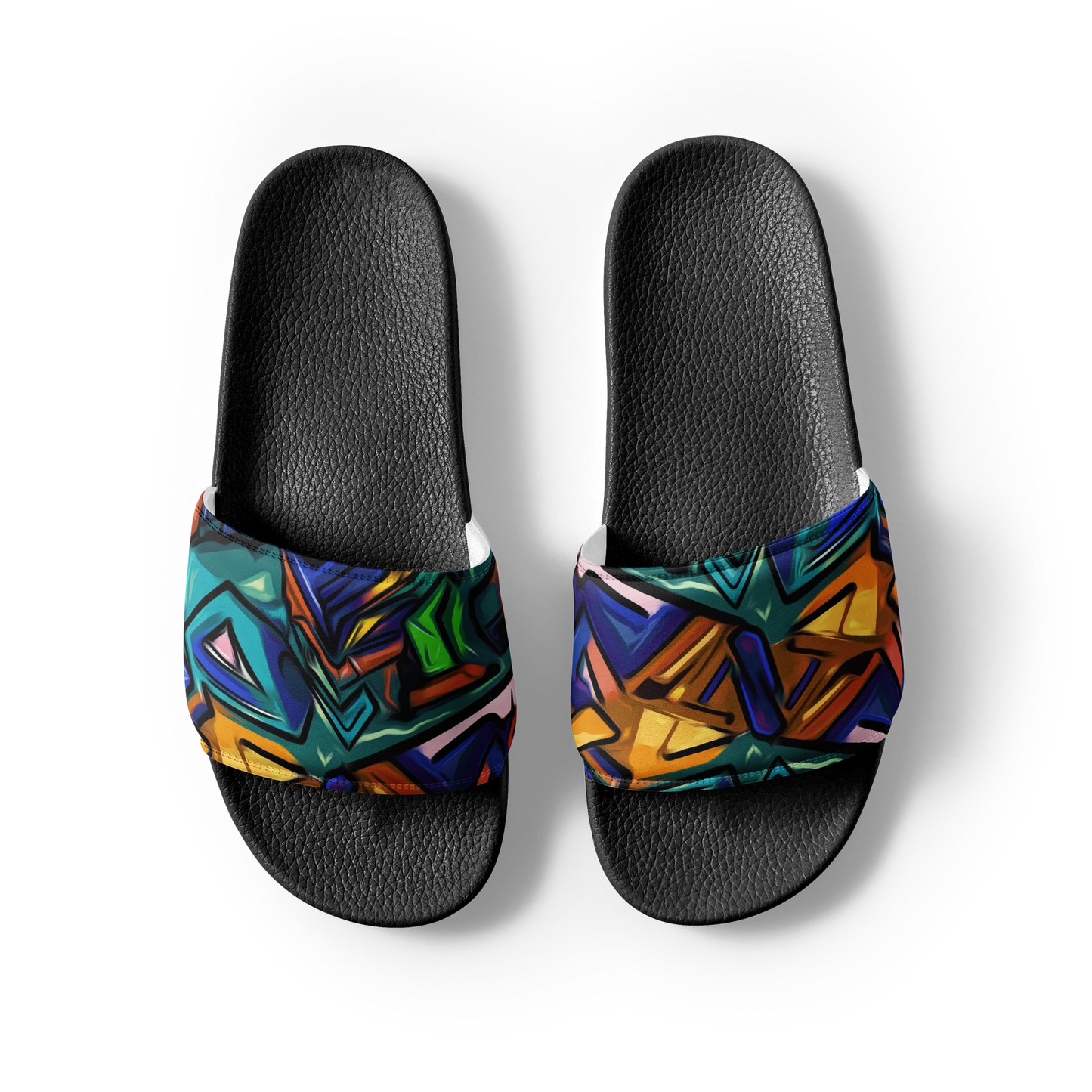 Grafiti Slides showcasing cushioned faux leather strap and contoured footbed.