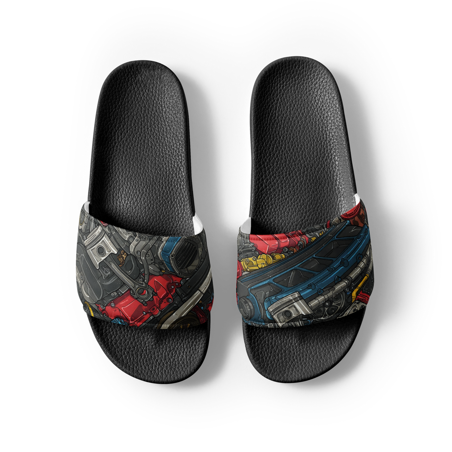Engine Slides with cushioned faux leather strap and contoured footbed.