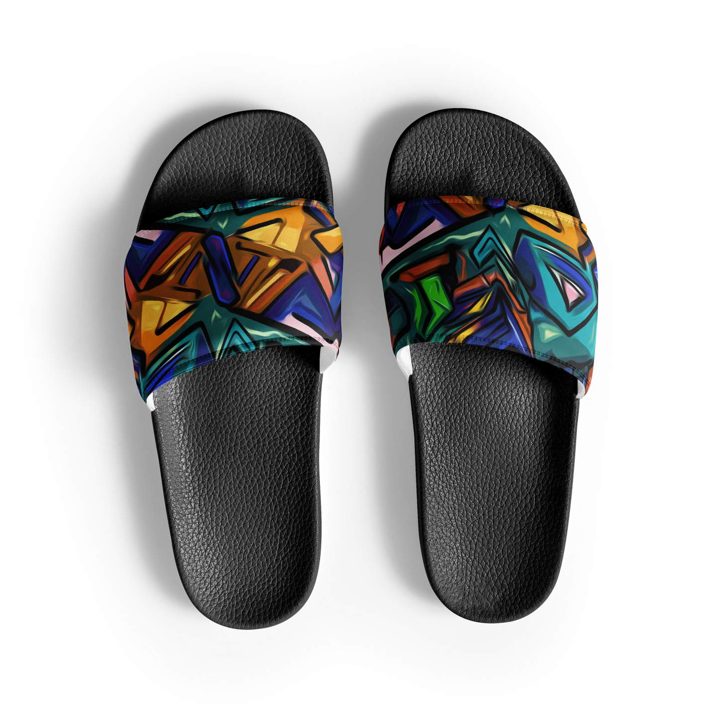 Grafiti Slides: Lightweight, open-toed slippers with cushioned faux leather strap.