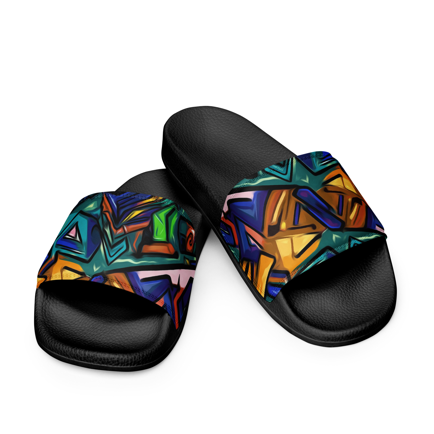 Grafiti Slides: Lightweight sandals with cushioned faux leather strap, contoured footbed.