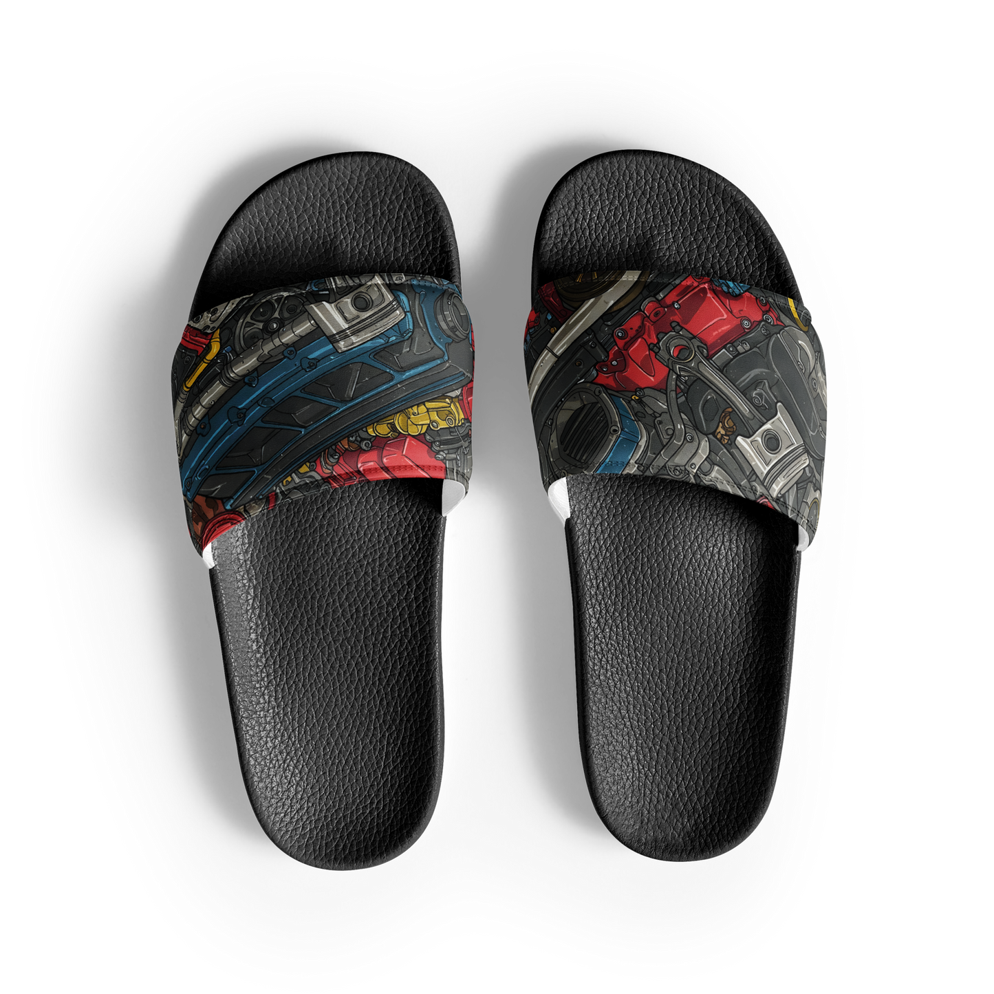 Engine Slides featuring cushioned faux leather straps and contoured footbed.