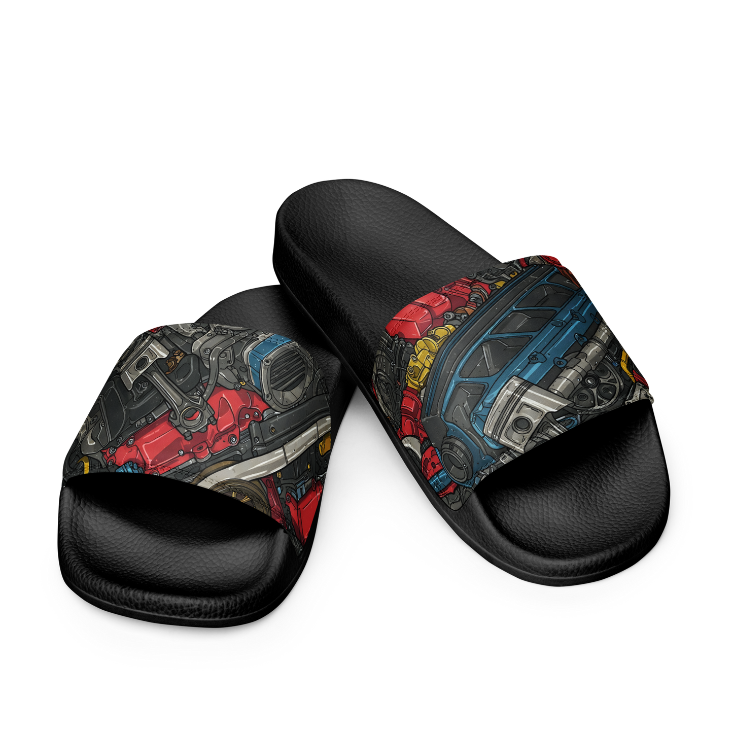 Engine Slides with cushioned faux leather strap, textured contoured footbed.