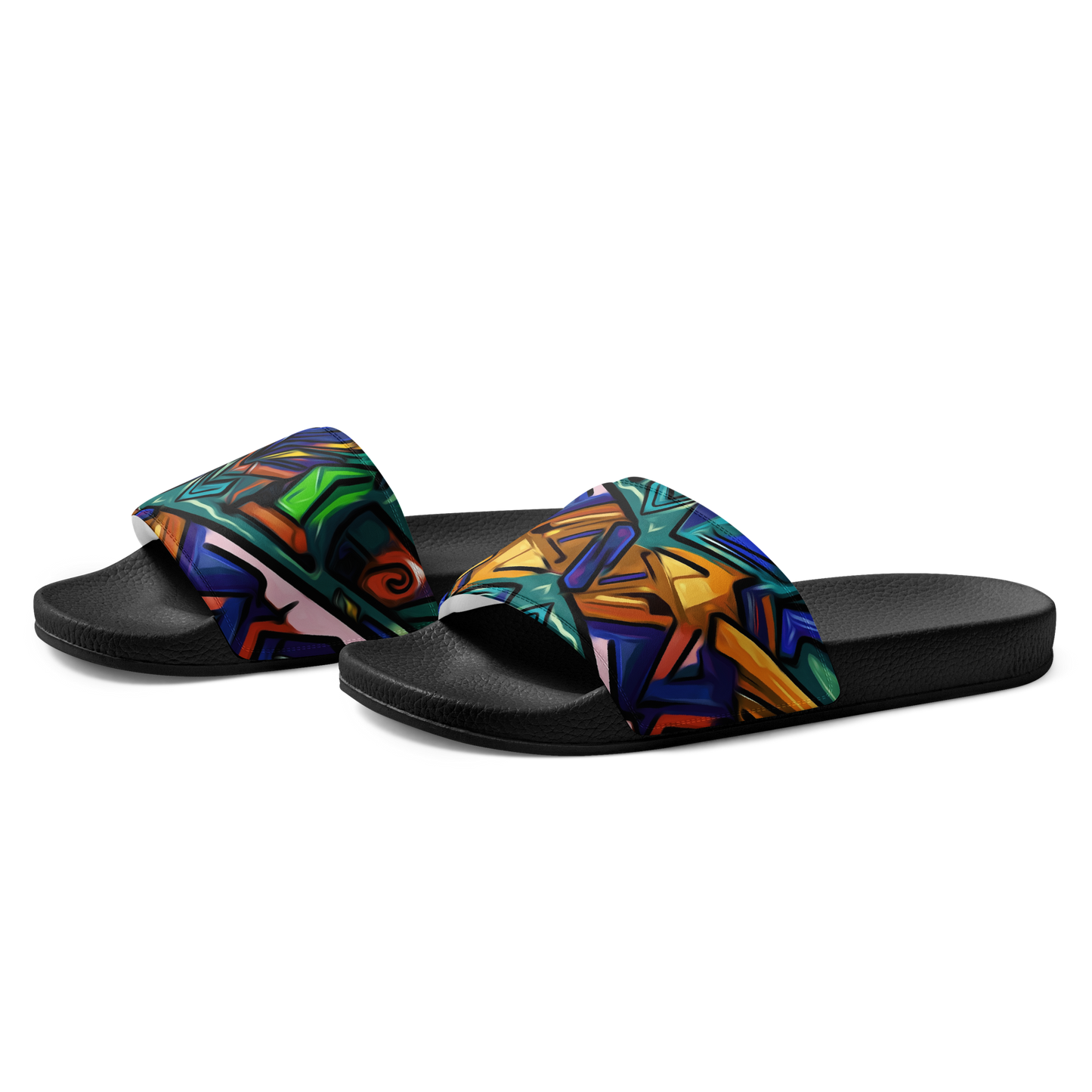 Grafiti Slides: Lightweight open-toed sandals with cushioned faux leather strap.