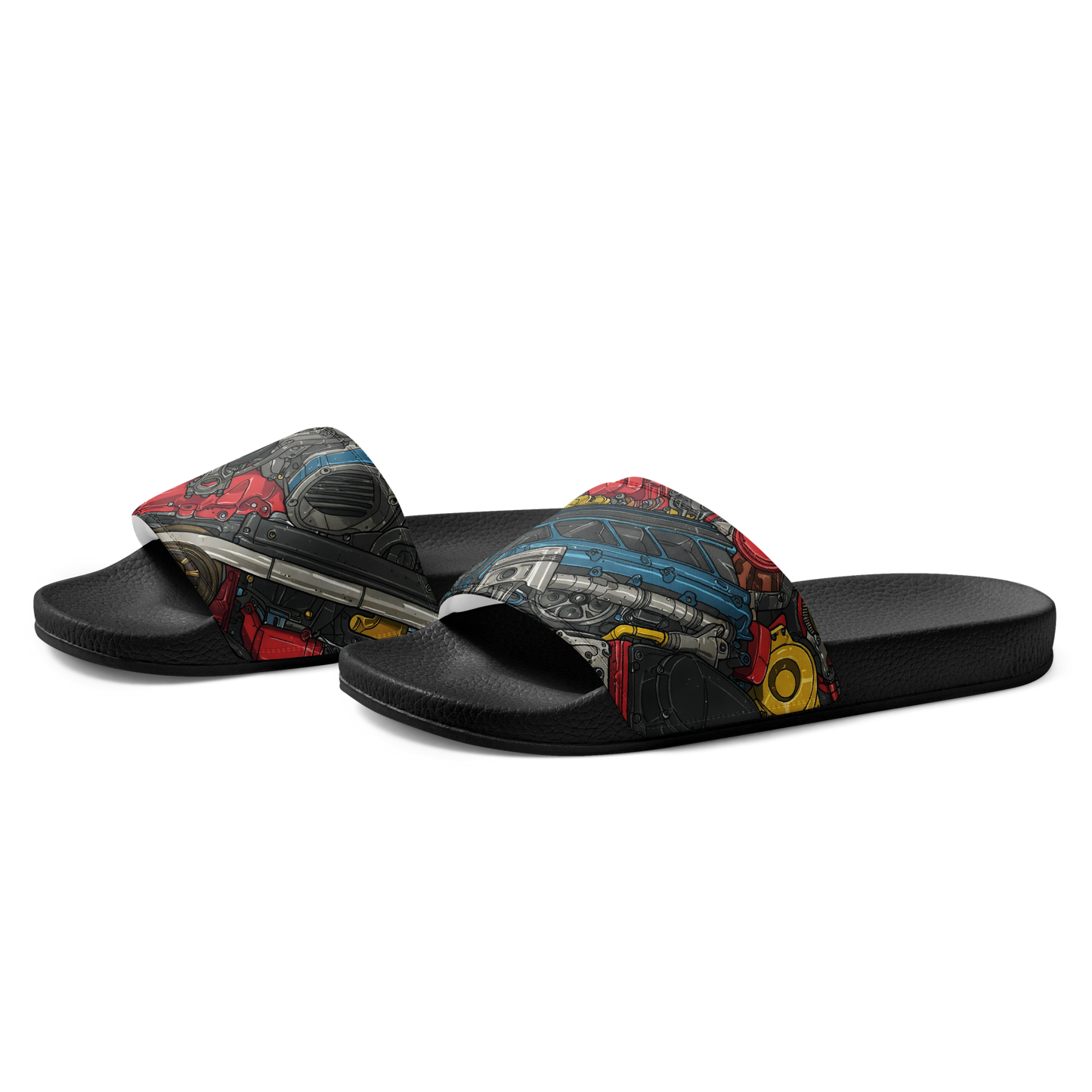 Engine Slides featuring cushioned faux leather strap and contoured footbed.