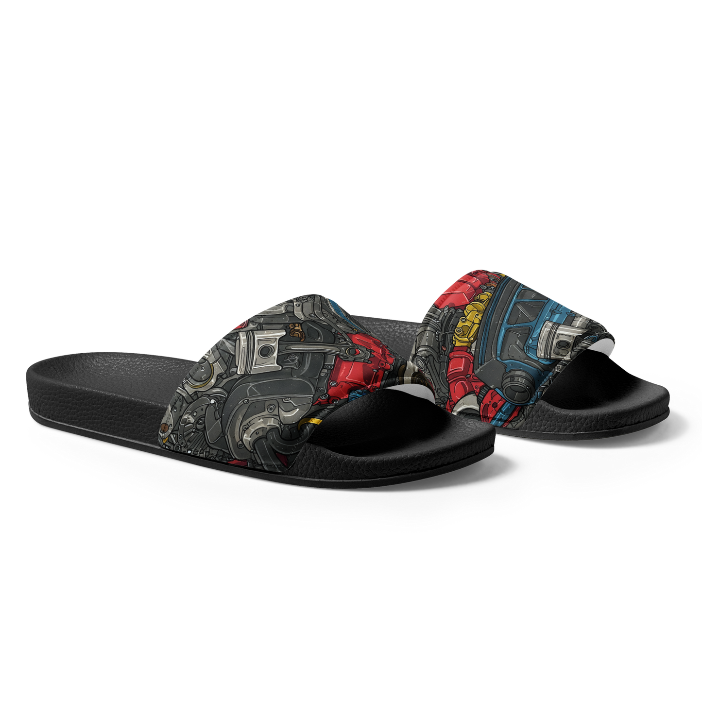 Engine Slides close-up: cushioned faux leather strap, contoured footbed, reinforced stitching.