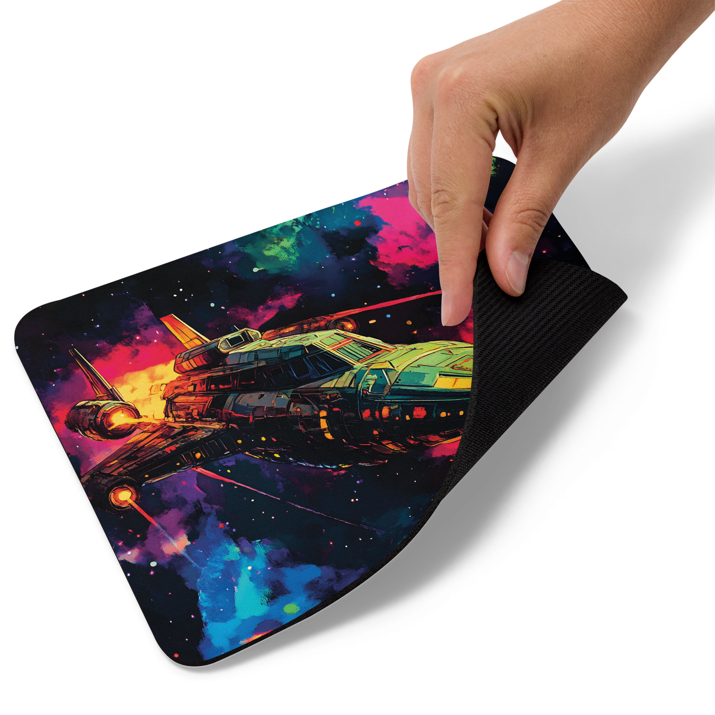 Spacecraft - Mouse Pad held in hand, showcasing its smooth surface and rounded edges.