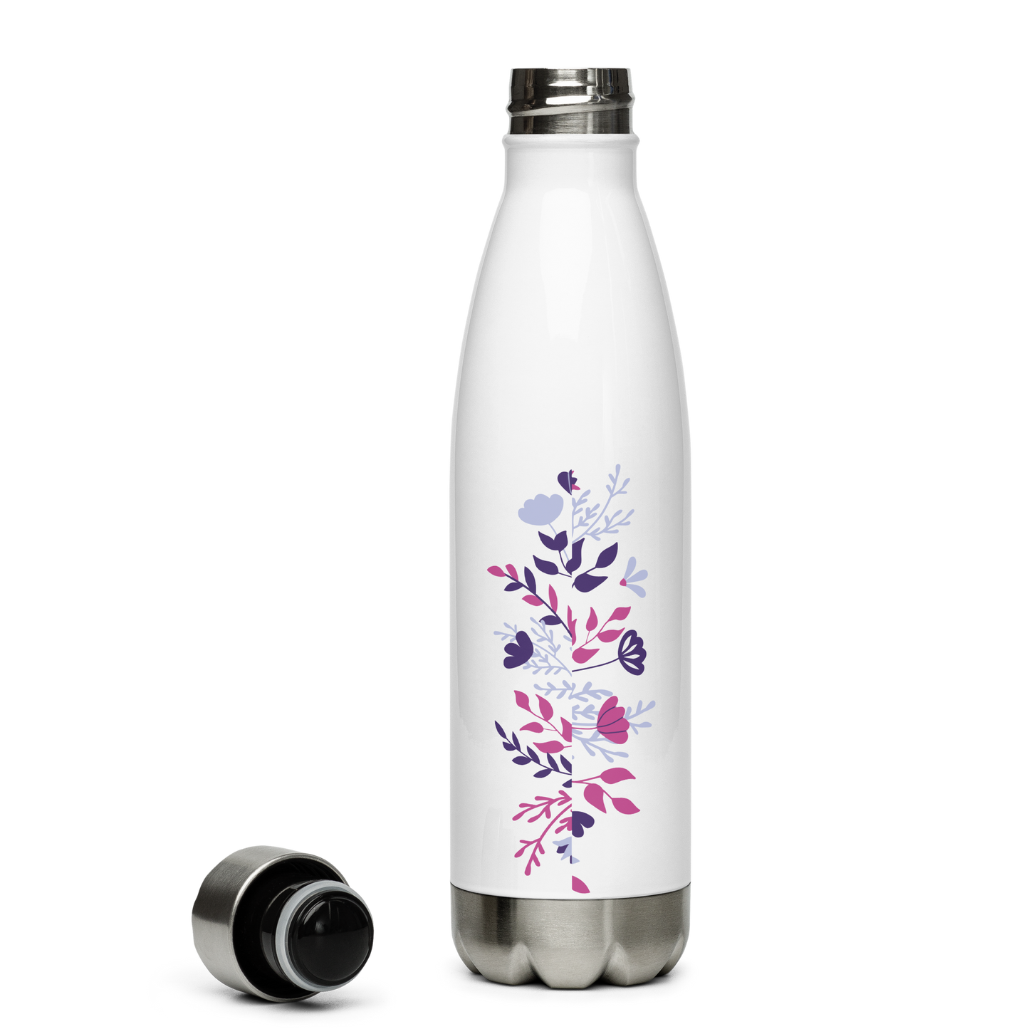 Sing-a-long Sipper: White stainless steel bottle with floral design, leak-proof cap.