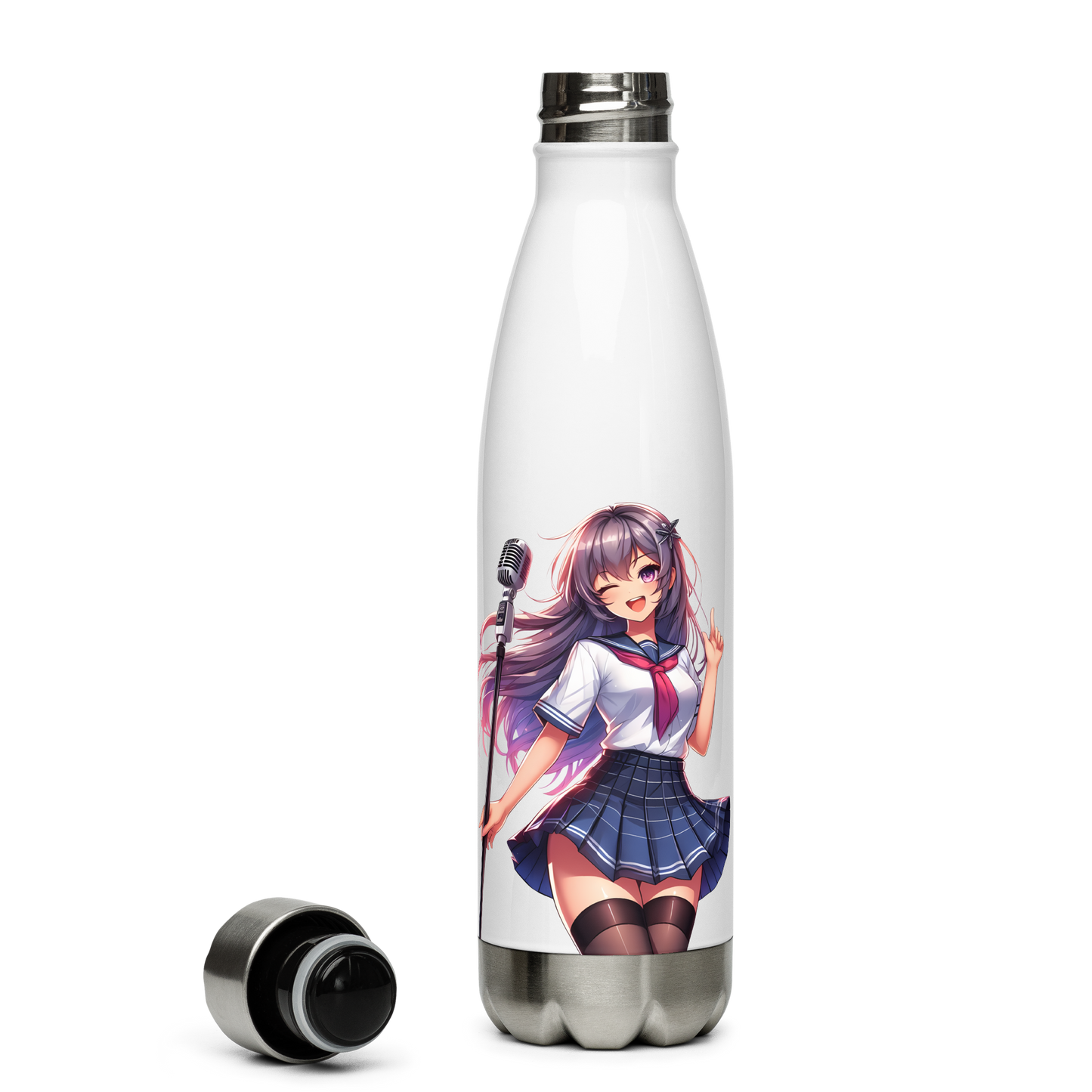 Sing-a-long Sipper: White water bottle featuring a cartoon woman with a microphone.