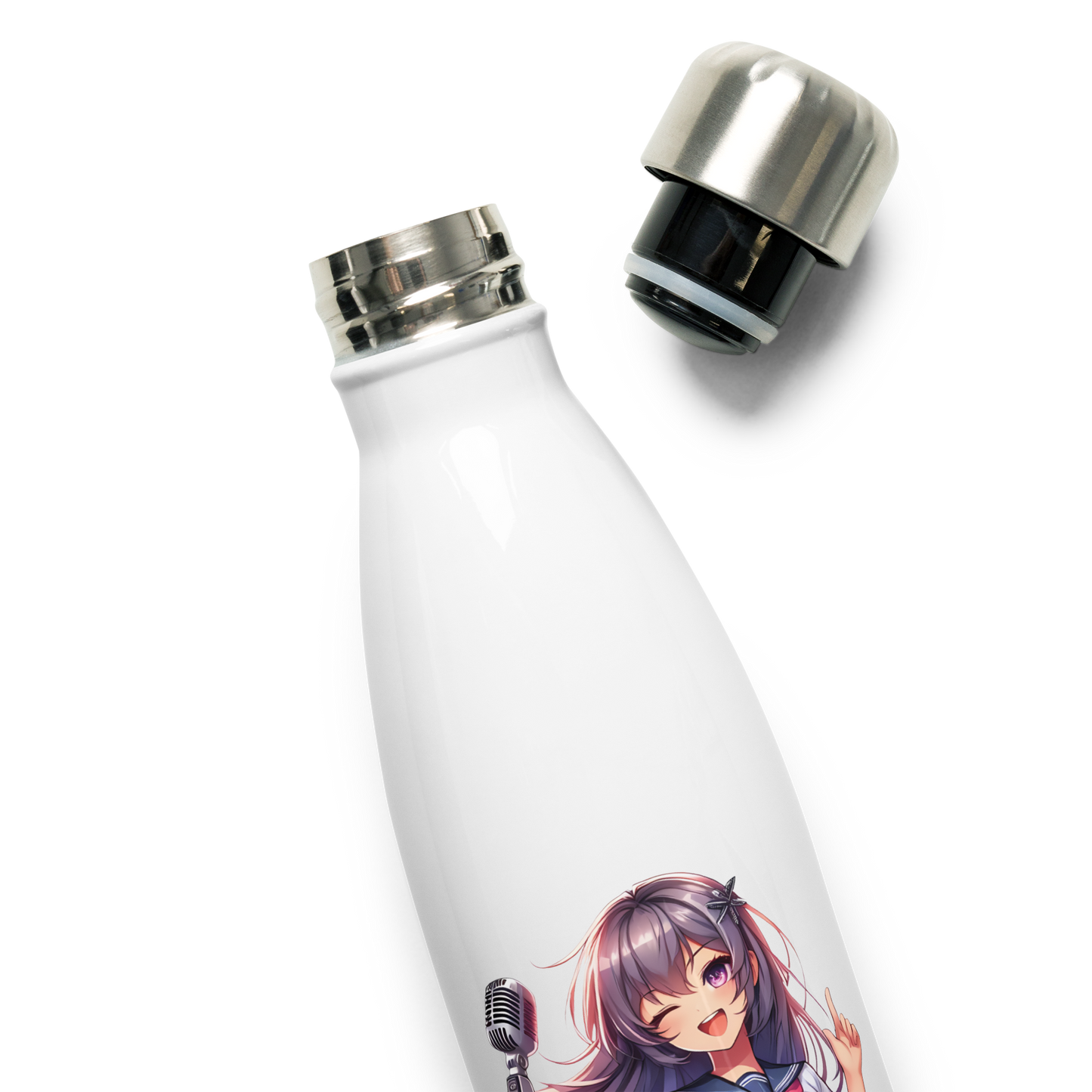 Sing-a-long Sipper: Stainless steel water bottle with cartoon character, sleek design.