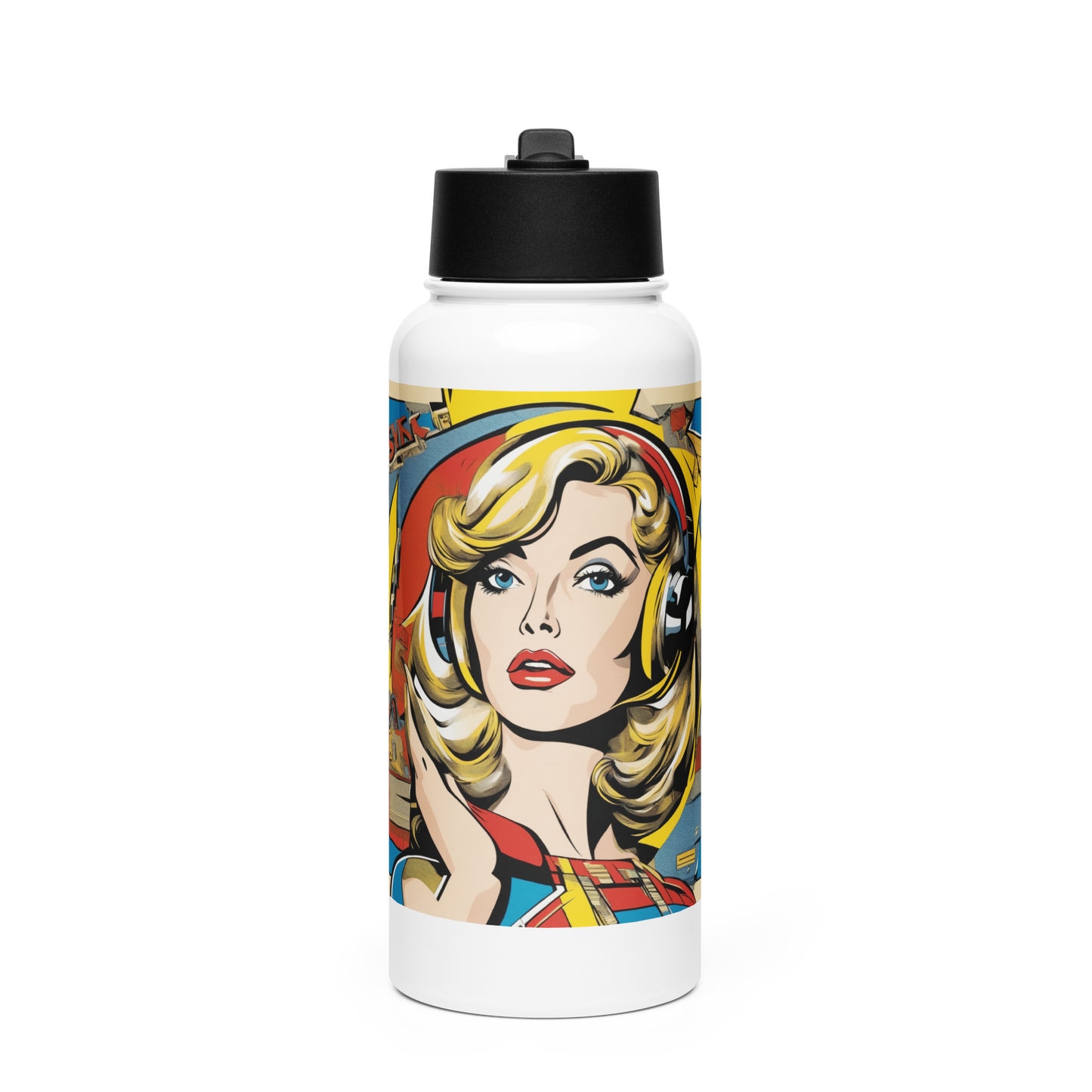 Stainless Steel Straw Bottle 1 with cartoon woman design and rotating handle.