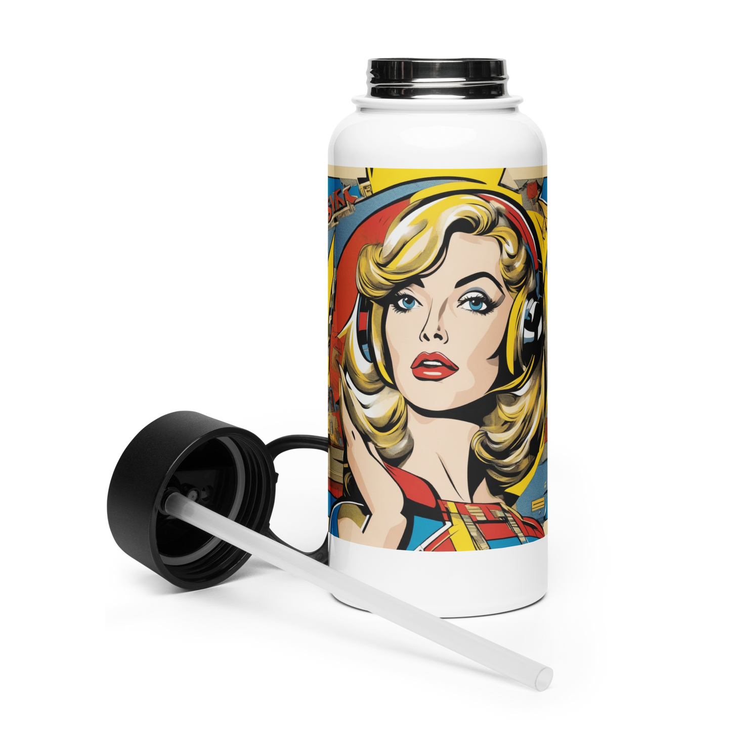 Stainless Steel Straw Bottle 1 with foldable straw and rotating handle.