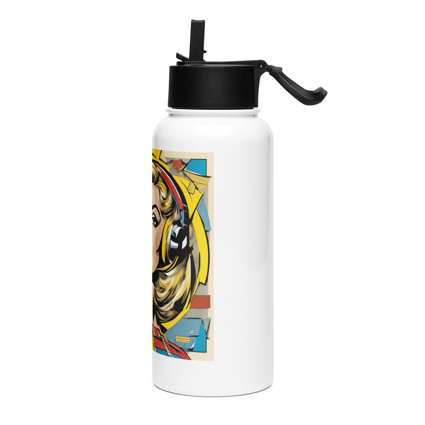 Stainless Steel Straw Bottle 1 with black lid and rotating handle.