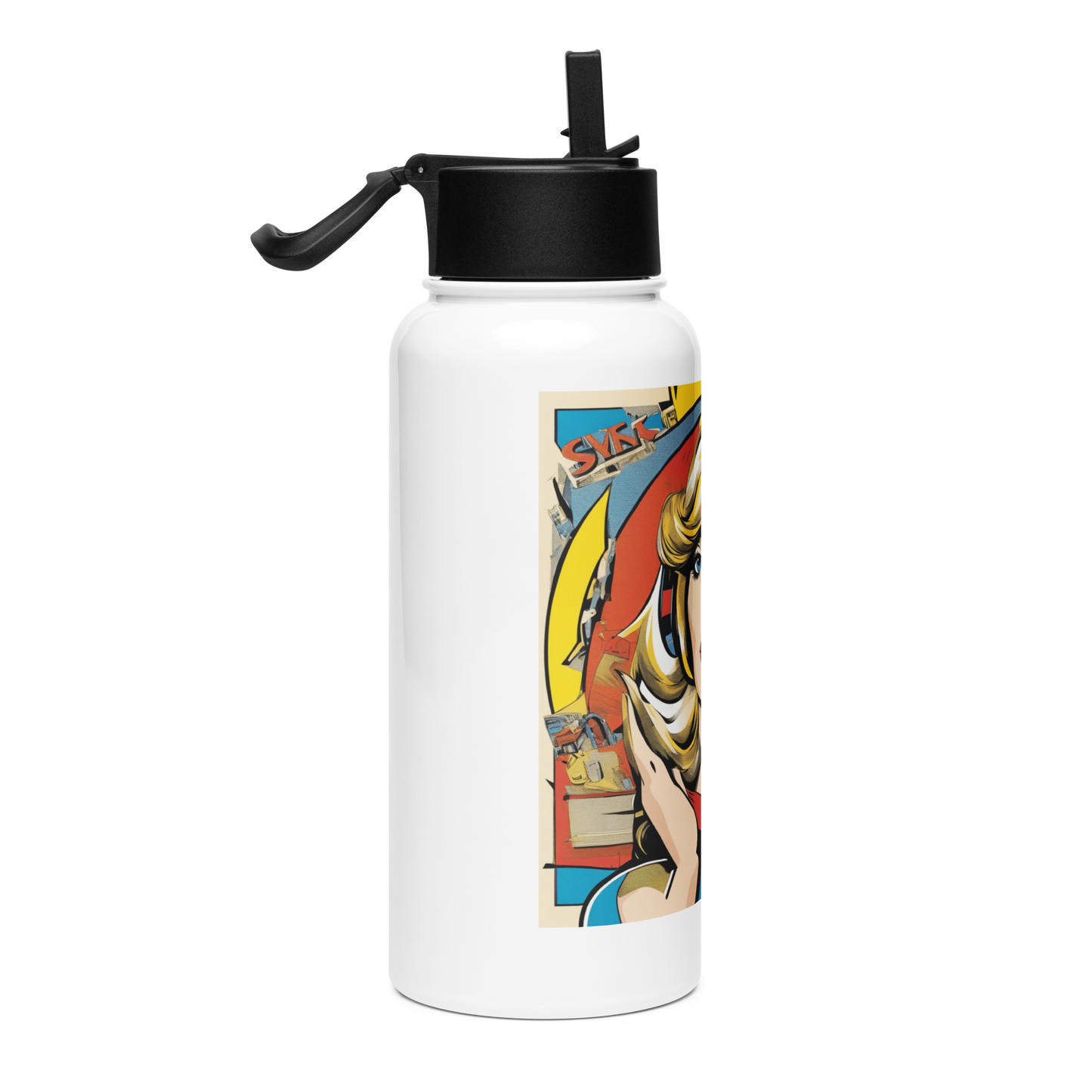 Stainless Steel Straw Bottle 1 with black lid and straw.