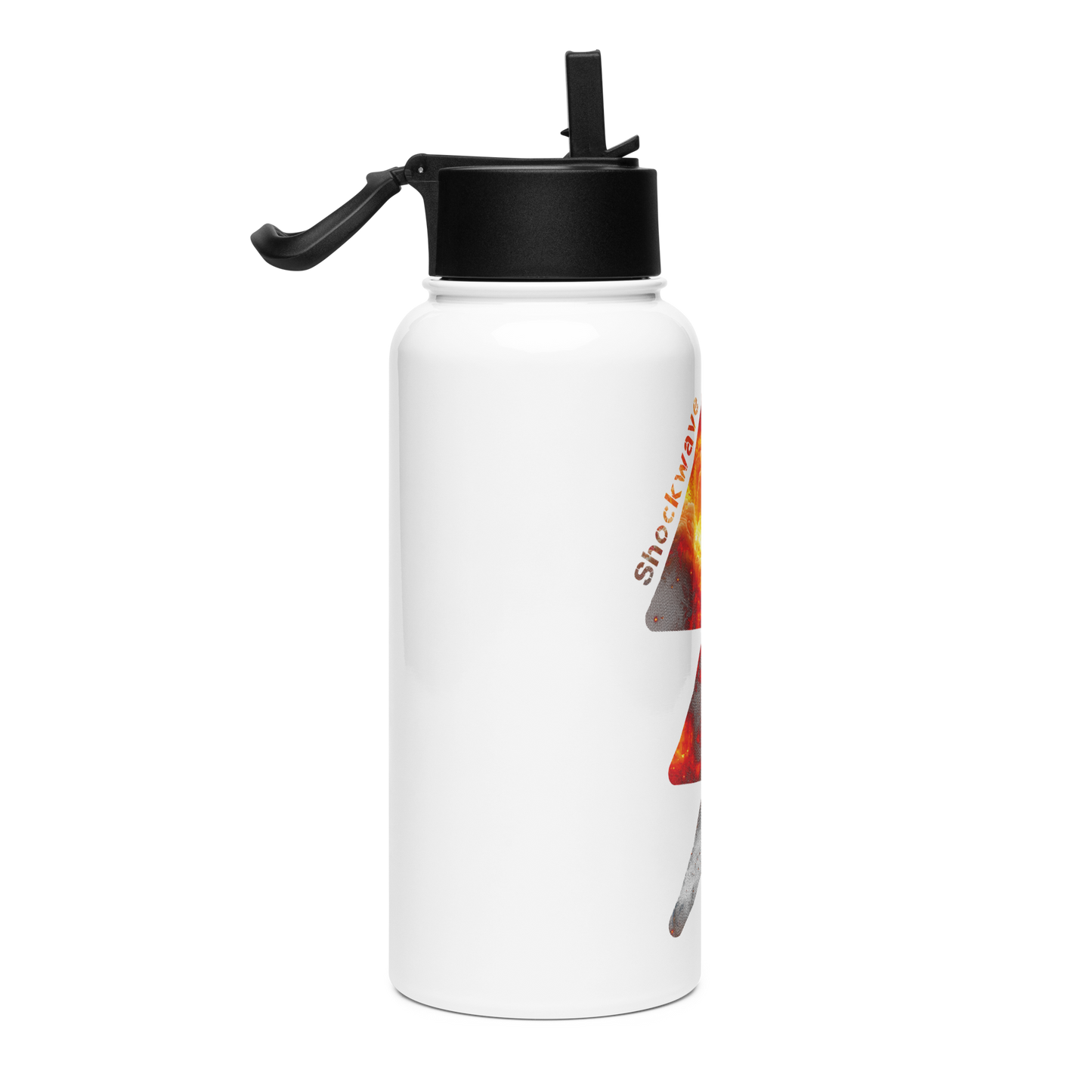 Shockwave Straw Bottle with black lid, wide-mouth straw, and rotating handle.