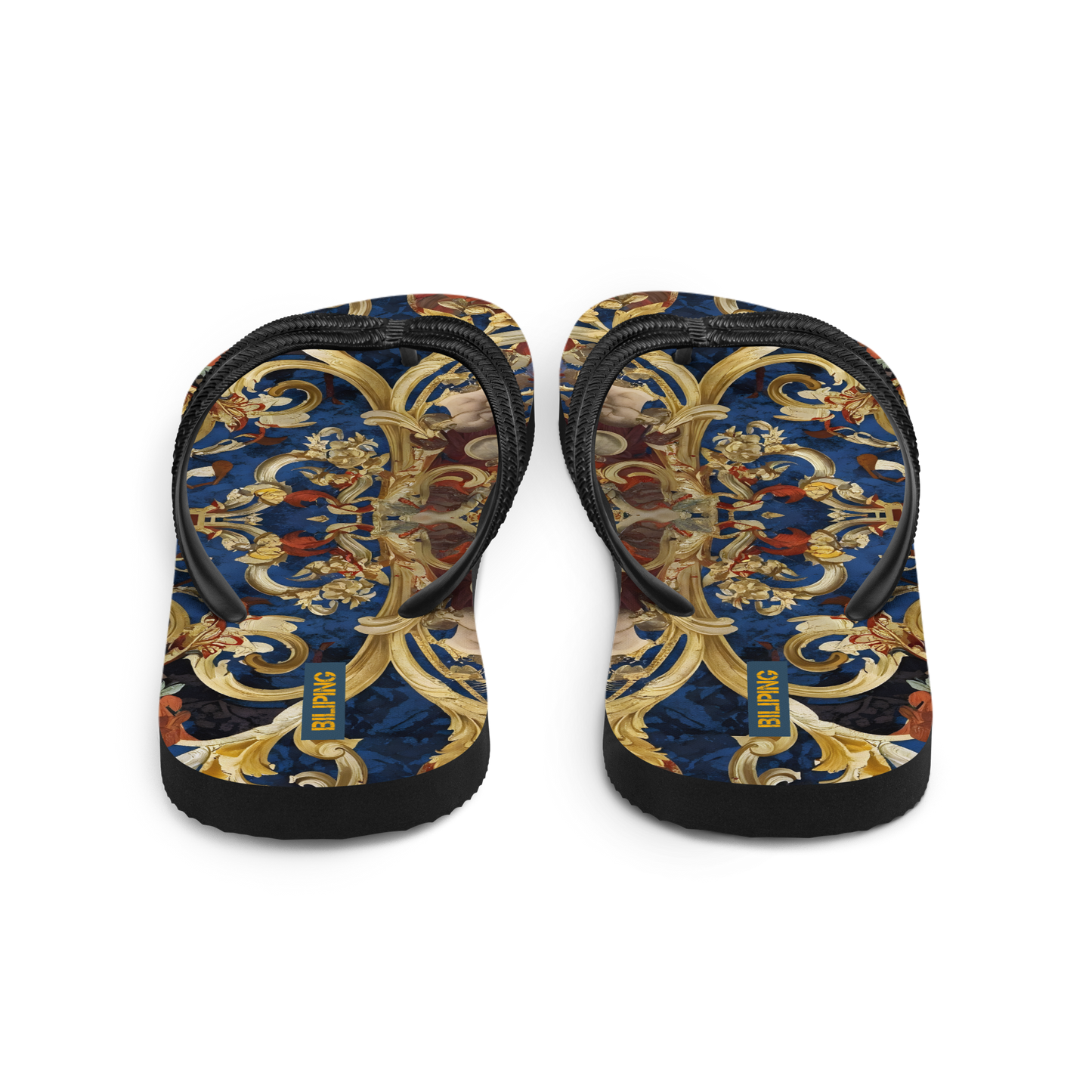 Golden Tapestry flip-flops, cushioned rubber sole, soft polyester lining, Y-shaped straps.