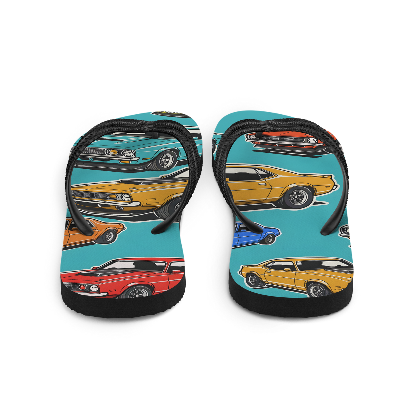 Flip-Flops 2: Comfortable flip-flops with car prints, cushioned rubber sole.