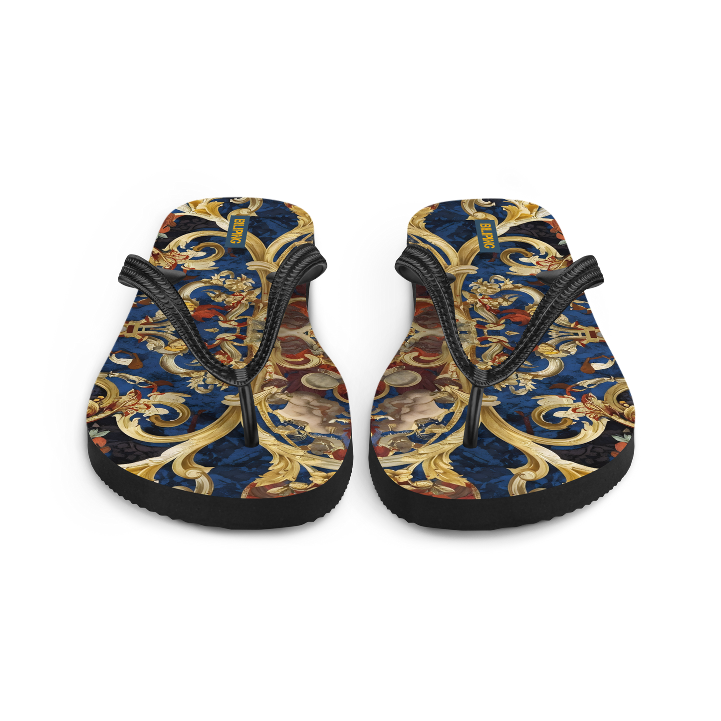 Golden Tapestry flip-flops with gold and blue designs, featuring cushioned rubber sole.