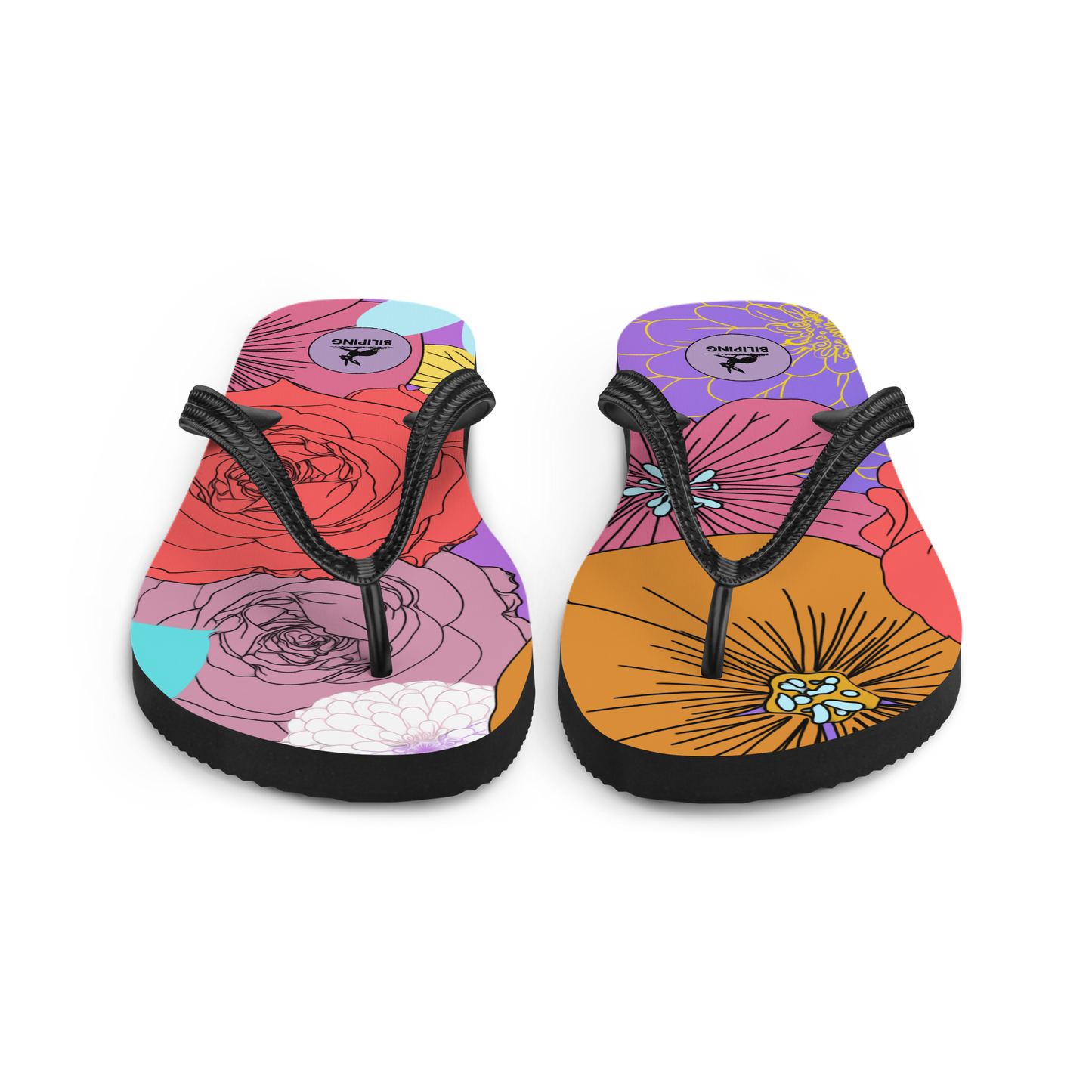 Bloom Stride flip-flops with floral design, cushioned rubber sole, toe-post style.