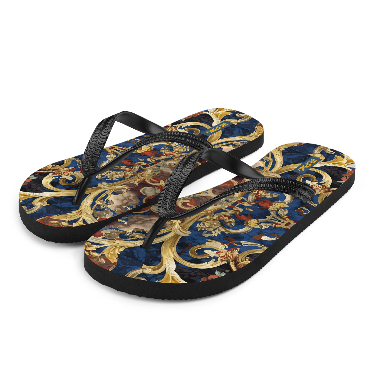Golden Tapestry flip-flops with cushioned rubber sole, soft polyester lining.