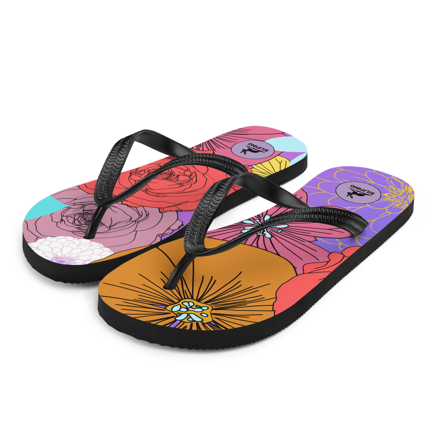 Bloom Stride flip-flops with floral design, soft lining, cushioned rubber sole.
