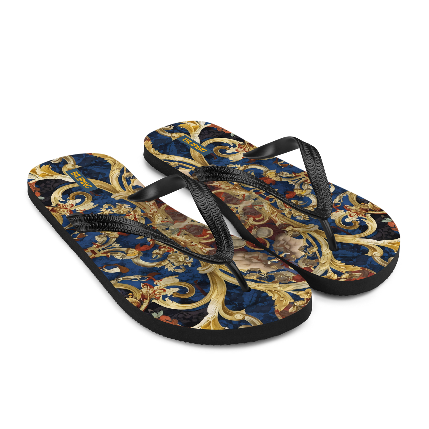Golden Tapestry flip-flops with black straps and cushioned rubber sole.