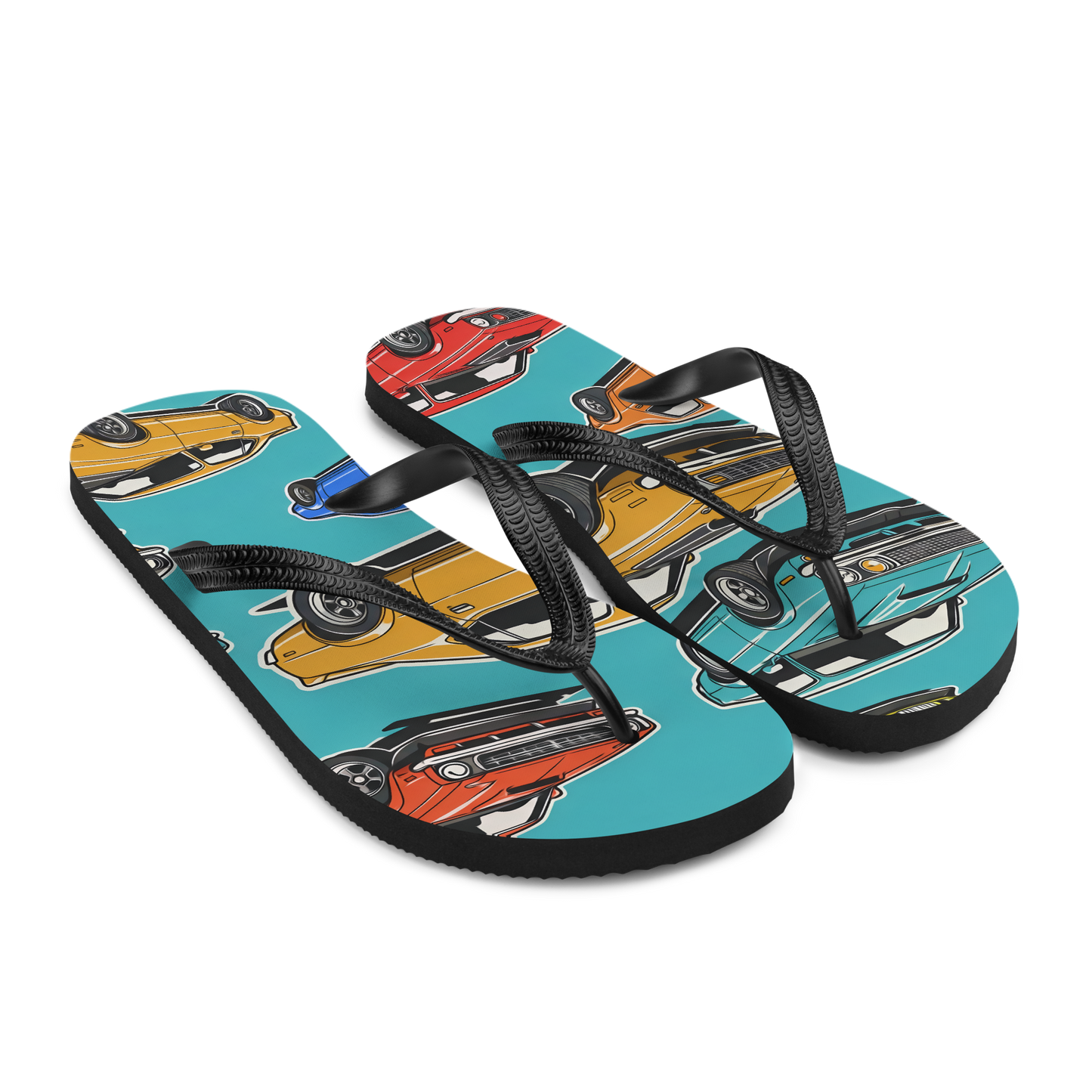 Flip-Flops 2 with car print, cushioned rubber sole, Y-shaped straps.