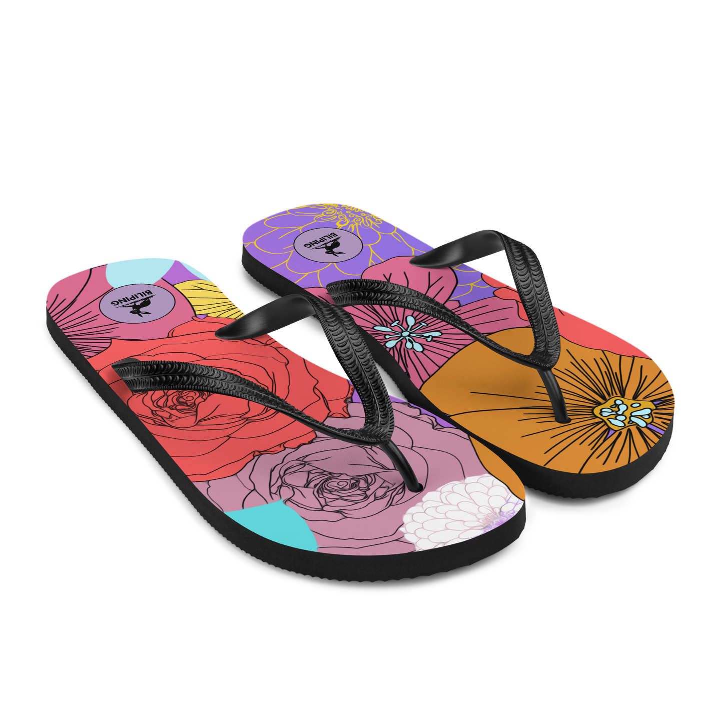 Bloom Stride flip-flops with floral design and cushioned rubber sole.