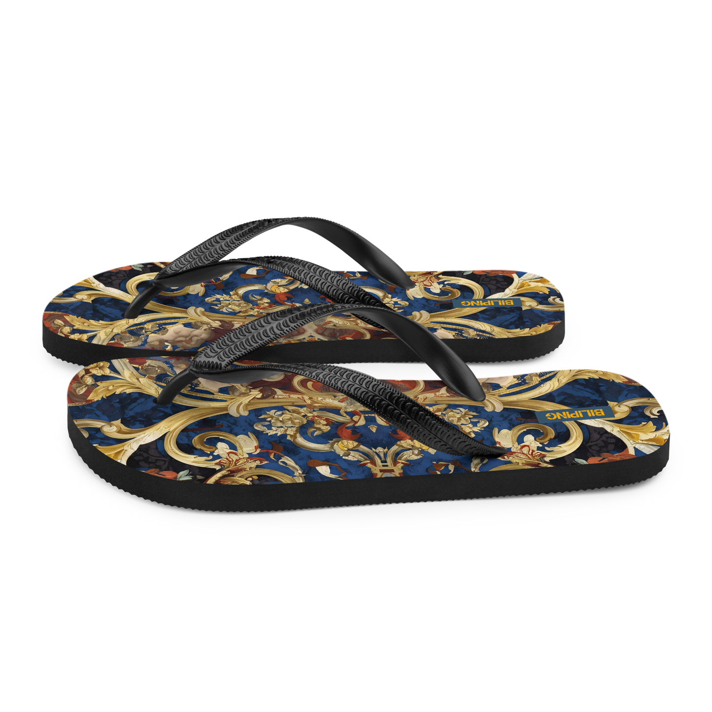 Golden Tapestry flip-flops with cushioned rubber sole and soft polyester lining.