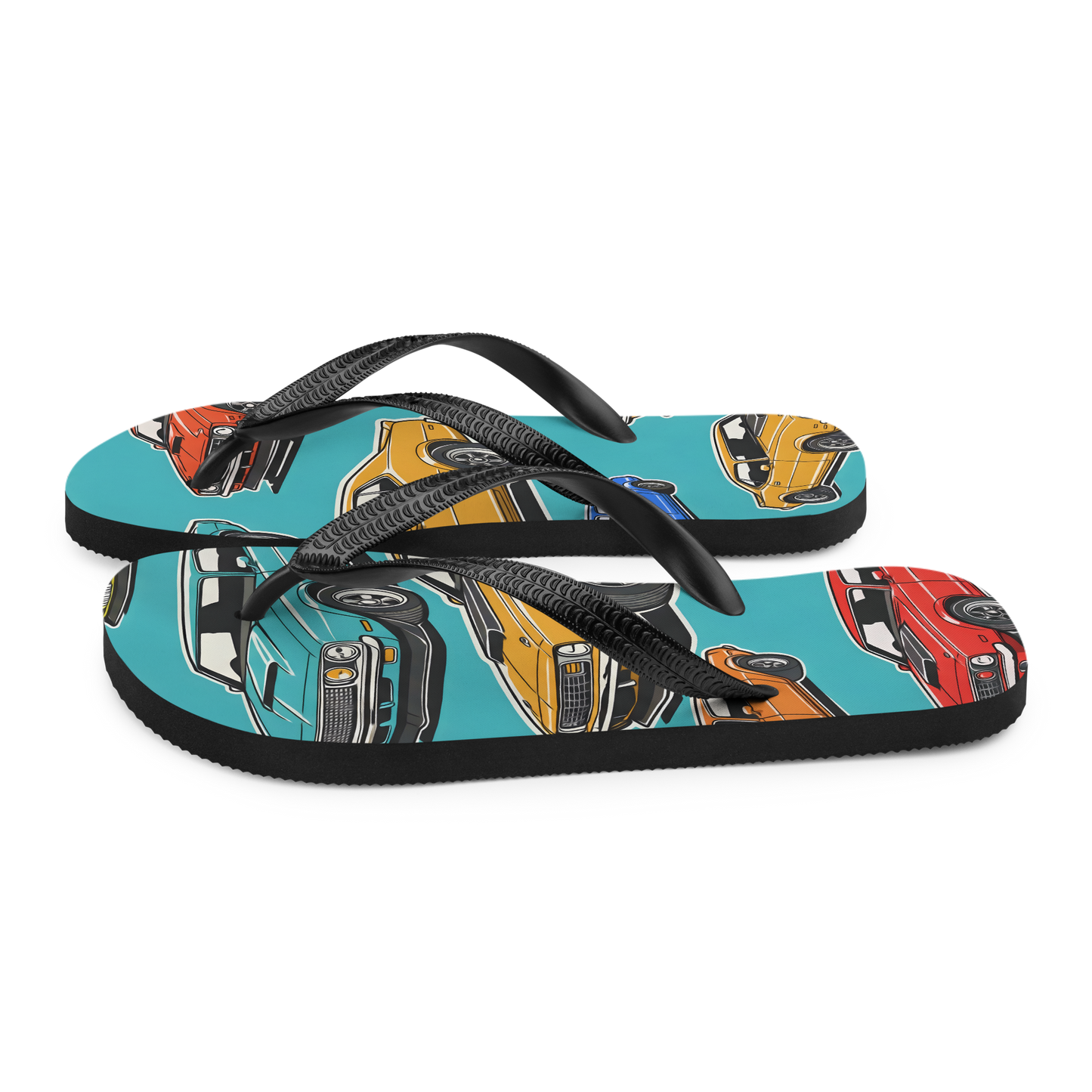 Flip-Flops 2 with car design, cushioned rubber sole, soft polyester lining.
