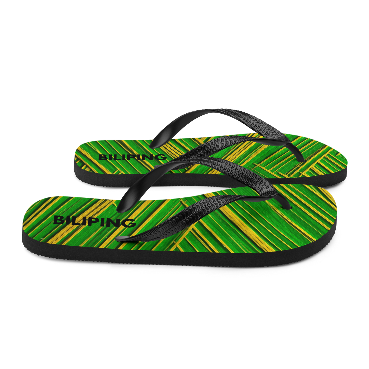 Flip-Flops 1 with green and yellow pattern, cushioned rubber sole.