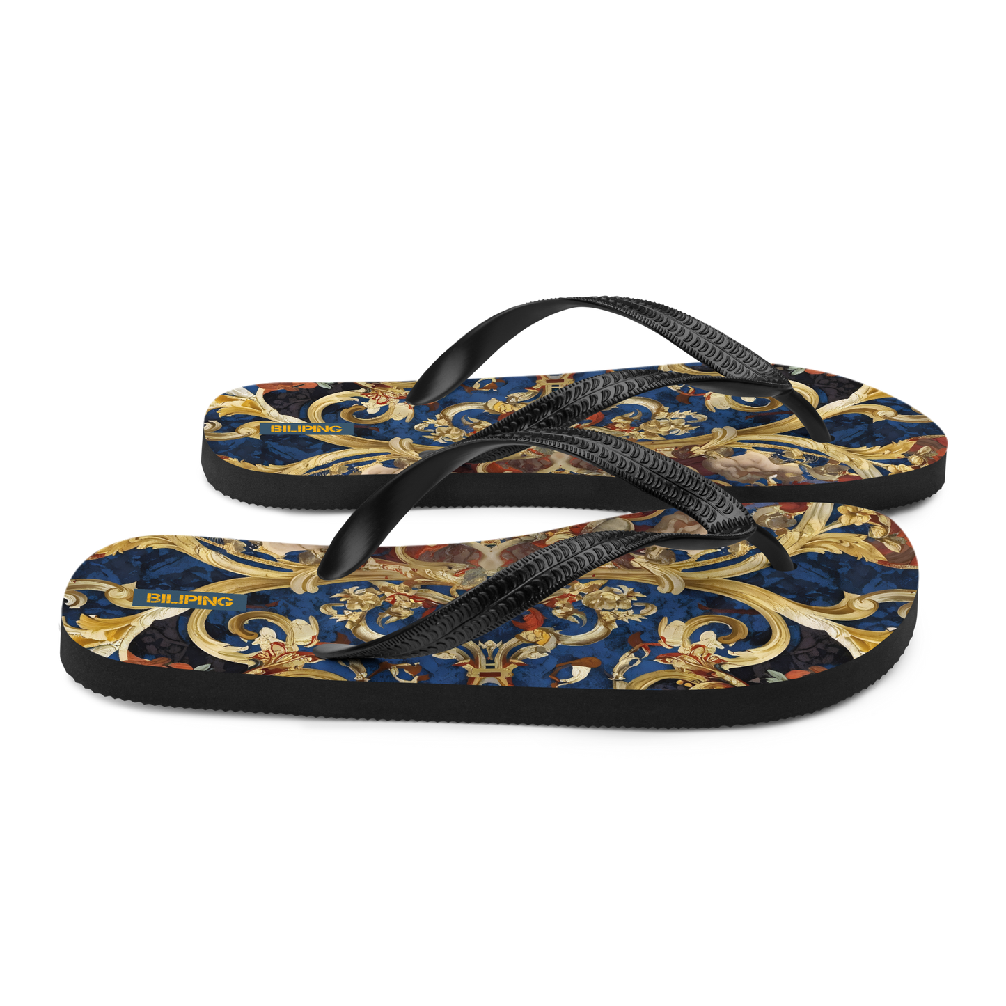 Golden Tapestry flip-flops with black rubber straps and cushioned sole.