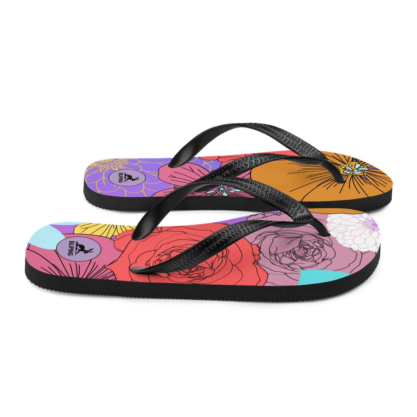 Bloom Stride flip-flops with floral accents, cushioned rubber sole, Y-shaped straps.
