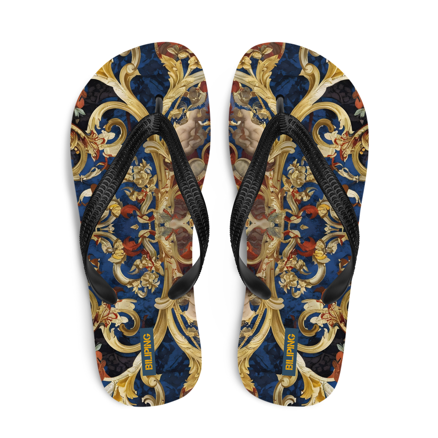 Golden Tapestry flip-flops with gold and blue design, cushioned for comfort.